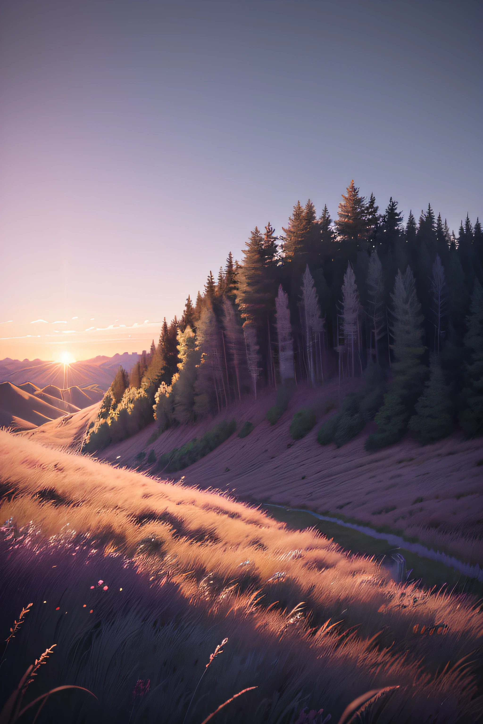 The hillside is covered with grass, Like the steppe，The lens shakes slightly，The sky will be black，the sunset，Sunset taillights appear purple sky，Grayish blue，Grayish pink，The long grass swayed with the slow rhythm of the wind，Wonderful scenery，first person perspective，Ultra-clear details，photography of + Bokeh +Surreal，surreal dream landscape, highly  detailed，Hyper-detailing，cinmatic lighting，Dream scenes,Dark，It's getting dark，nigth，4K分辨率，（Contrast ratio 6.3），（Color 7.3）(Scene darkness 7.3),（A cinematic scene）
