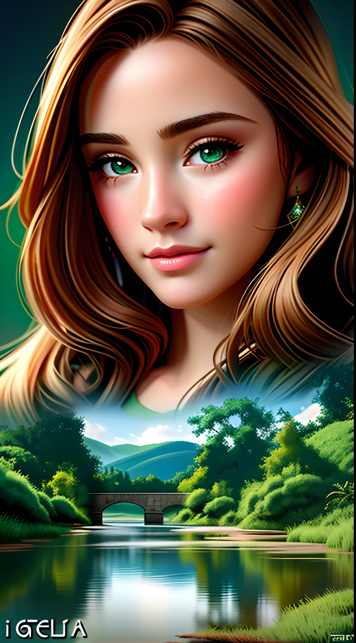 A woman with long hair and green eyes is standing near a river, bela arte digital, retrato bonito da fantasia, linda arte digital linda, imagem de arte digital, retrato muito bonito, retrato bonito da arte da fantasia, arte digital muito bonita, retrato bonito detalhado, arte bonita, belo rosto realista, Beautiful!!! arte digital, lindo arte digital, retrato da arte da fantasia, lindo retrato do rosto