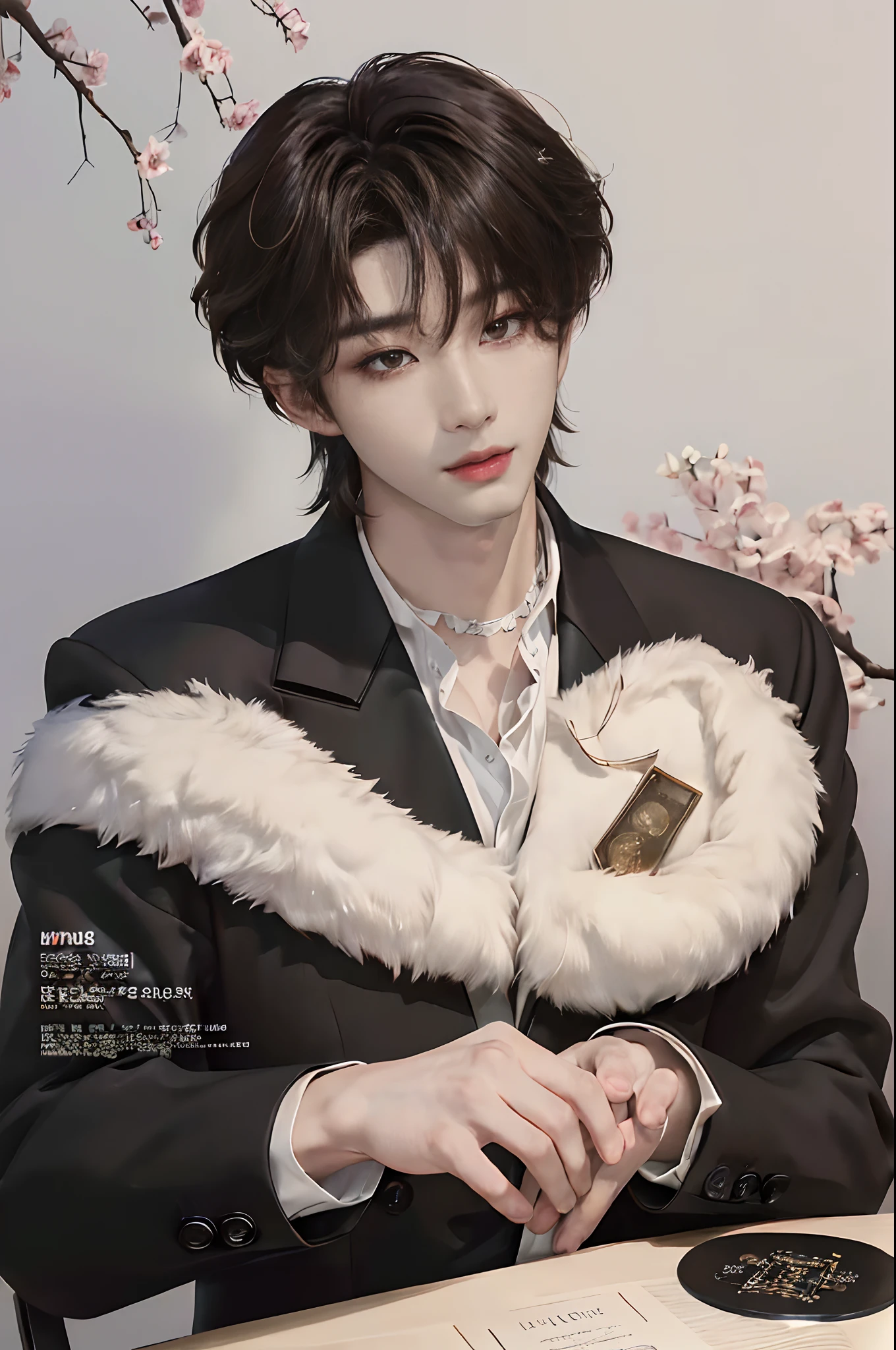 ((4K works))、​masterpiece、（top-quality)、((high-level image quality))、((One Manly Boy))、Slim body、((Man in black tuxedo))、(Detailed beautiful eyes)、((Model Magazines))、deacon、Face similar to Chaewon in Ruseraphim、((short hair above the ears))、((Smaller face))、((Neutral face))、((Light brown eyes))、((Korean boy))、((18year old))、((Handsome man))、((A charming expression))、((Korean Makeup))、((elongated and sharp eyes))、((Focus zoom out))、((Model Magazine Cover))、((model poses))、((Model photo))、((Butler Photos))、Professional Photos、((Magazine covers))、((Shot alone))、((Upper body photography))