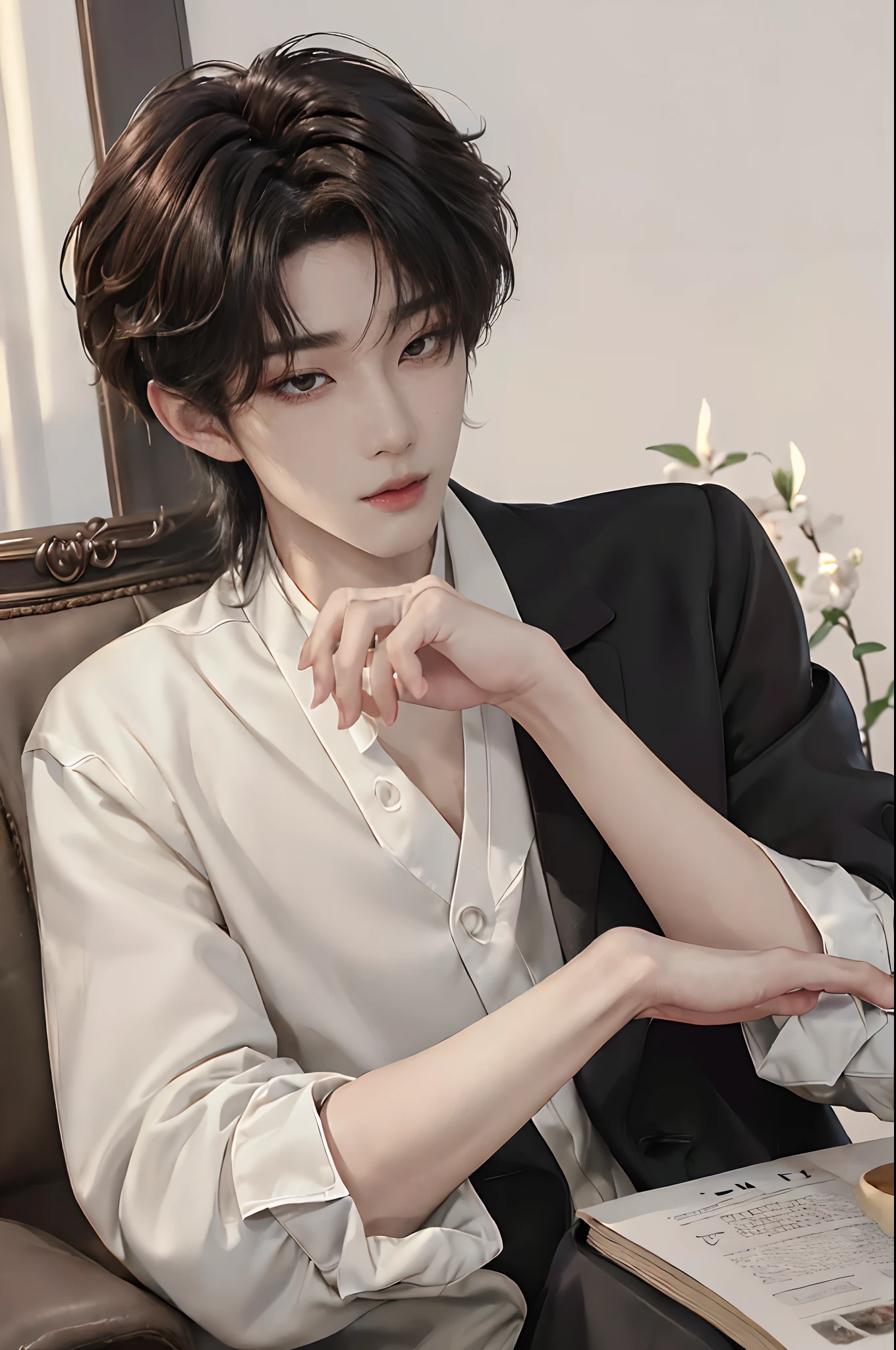 ((4K works))、​masterpiece、（top-quality)、((high-level image quality))、((One Manly Boy))、Slim body、((Man in black tuxedo))、(Detailed beautiful eyes)、((Model Magazines))、deacon、Face similar to Chaewon in Ruseraphim、((short hair above the ears))、((Smaller face))、((Neutral face))、((Light brown eyes))、((Korean boy))、((18year old))、((Handsome man))、((A charming expression))、((Korean Makeup))、((elongated and sharp eyes))、((Focus zoom out))、((Model Magazine Cover))、((model poses))、((Model photo))、((Butler Photos))、Professional Photos、((Magazine covers))、((Shot alone))、((Upper body photography))