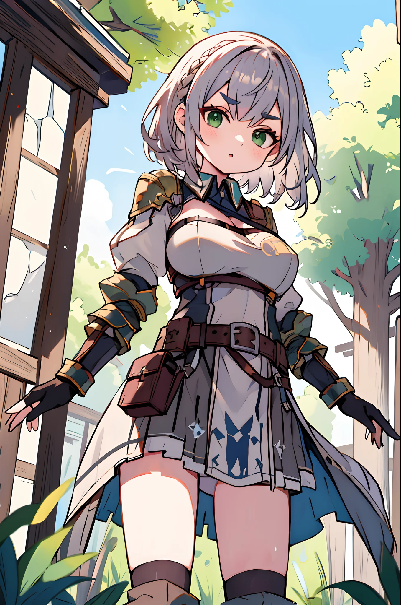 masutepiece, Best Quality, hight resolution, (from below:1.2), Arnoel, Medium Hair, Green eyes, shairband, Blue collar, Shoulder Armor, cleavage, mole in breast, Armored dress, Chest belt, gold trim, Fingerless gloves, Black Gloves, brown belt, Pouch, pelvis curtain, black thighhighs, Outdoors, Cowboy Shot, Standing, Arms at sides, (eye brows up), (roll up eyes:1.3)