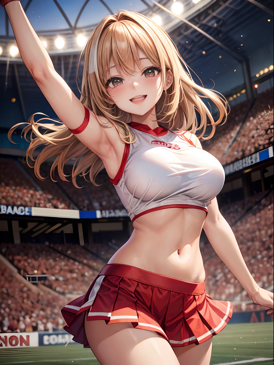 top-quality、Full limbs、complete fingers、One beautiful woman、Beautiful Large Breasts、straight haired、blondehair、Cheergirl Costume、Red and white top with team logo、Red and white miniskirt、A big smile、Football Stadium、sexypose、Dancing