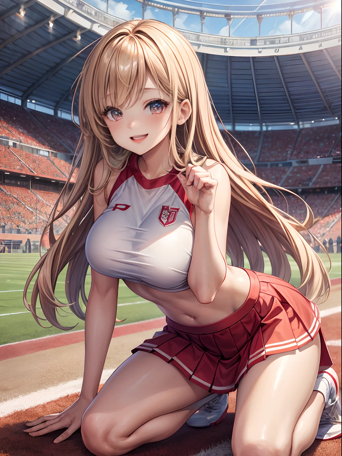 top-quality、Full limbs、complete fingers、One beautiful woman、Beautiful Large Breasts、straight haired、blondehair、Cheergirl Costume、Red and white top with team logo、Red and white miniskirt、A big smile、Football Stadium、sexypose、Kneeling