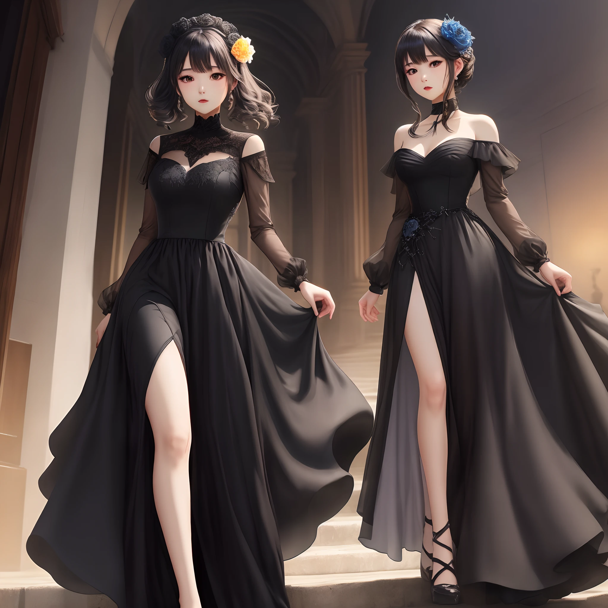 ((Best Quality))), (8K picture quality), ((masutepiece)), (Very sophisticated、Beautiful fece), (wearing dresses) , (1womanl), (Black Shorthair), Dress up, with floral pattern, Soft silk fabric, 电影灯光, Gentle expression, A slight smil, Luxurious interior