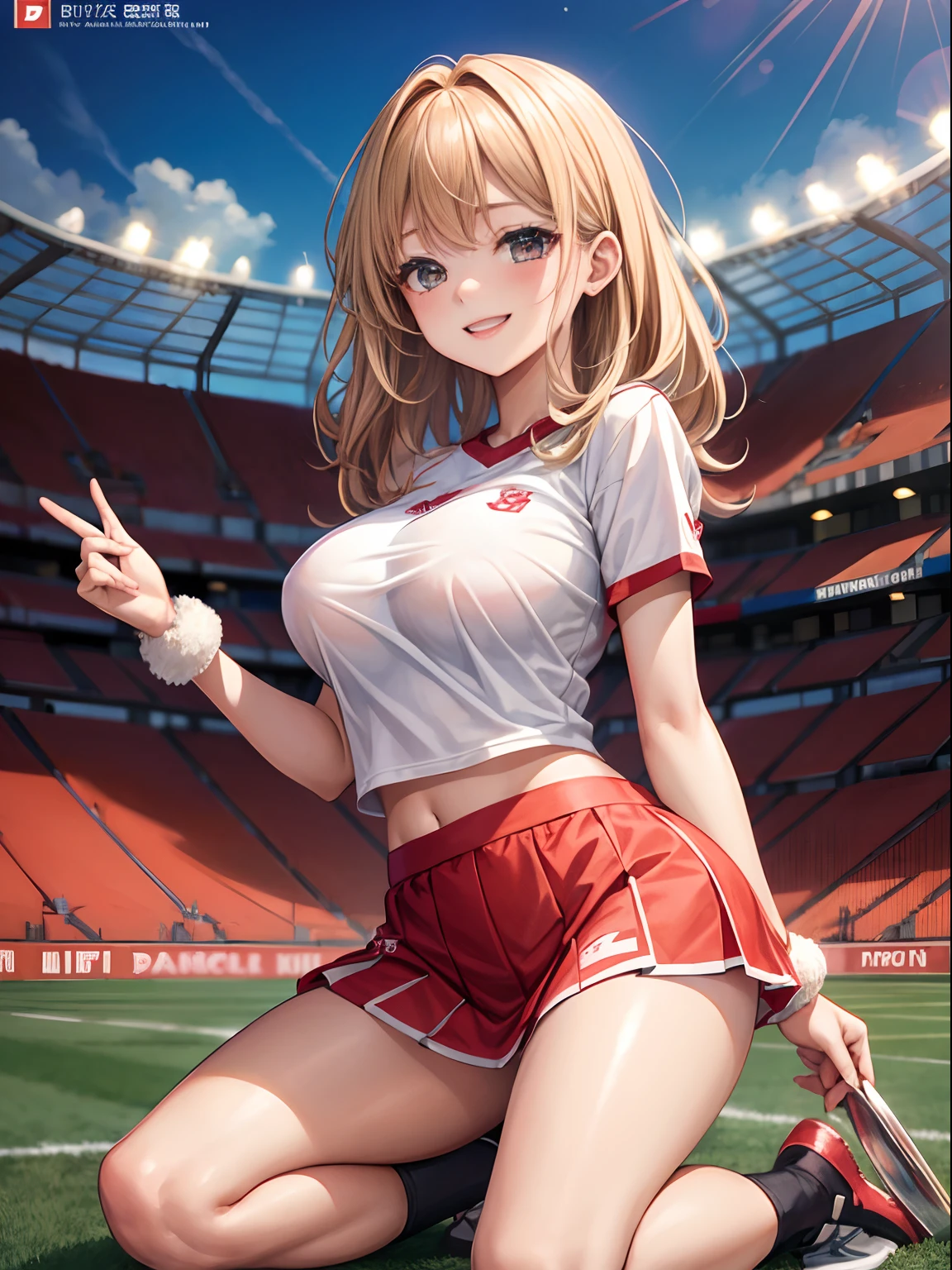 top-quality、Full limbs、complete fingers、One beautiful woman、Beautiful Large Breasts、straight haired、blondehair、Cheergirl Costume、Red and white top with team logo、Red and white miniskirt、A big smile、Football Stadium、sexypose、Kneeling