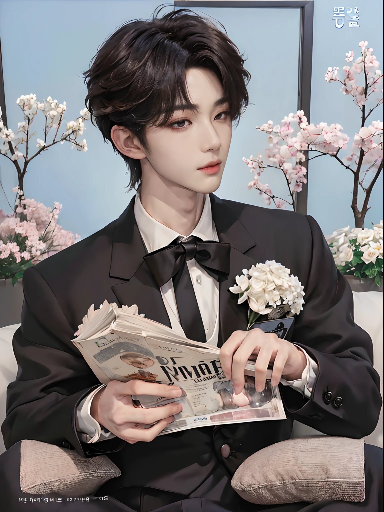 ((4K works))、masterpiece、(top-quality)、((high-level image quality))、((One Manly Boy))、Slim body、((Man in black tuxedo))、(Detailed beautiful eyes)、((Model Magazines))、deacon、Face similar to Chaewon in Ruseraphim、((short hair above the ears))、((Smaller face))、((Neutral face))、((Light brown eyes))、((Korean boy))、((18year old))、((Handsome man))、((A charming expression))、((Korean Makeup))、((elongated and sharp eyes))、((Focus zoom out))、((Model Magazine Cover))、((model poses))、((Model photo))、((Butler Photos))、Professional Photos、((Magazine covers))、((Shot alone))、((Upper body photography))