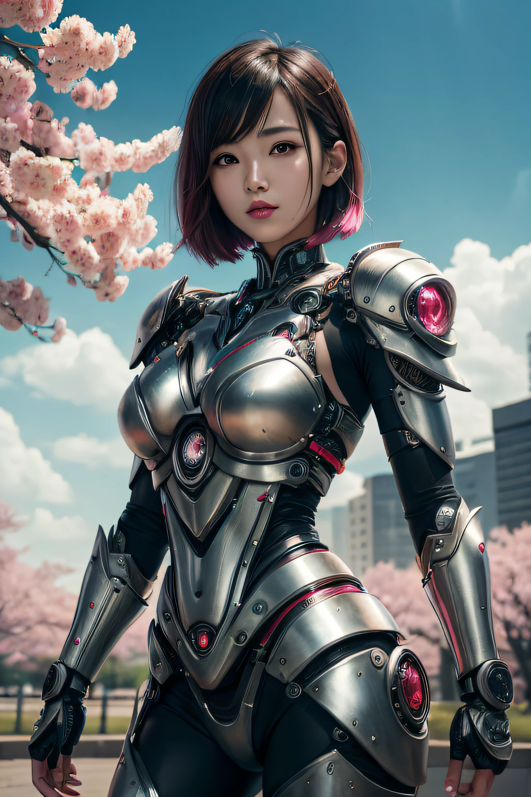 beautiful japanese young woman, wearing cyborg armor made of gear, thick symmetrical features, very short hair, background is cherry blossoms, pink aura, red lips, octane render,