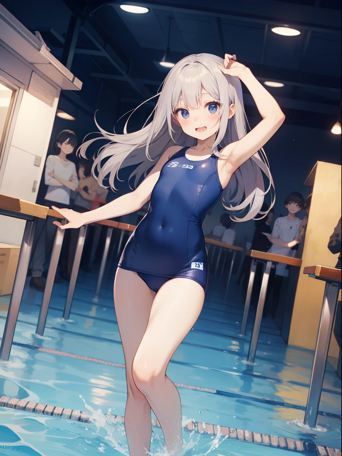 top-quality、Full limbs、complete fingers、Slender beauty、1 persons、ssmile、embarassed expression、School swim wear、Dark blue knee-high、Standing、straighten your legs