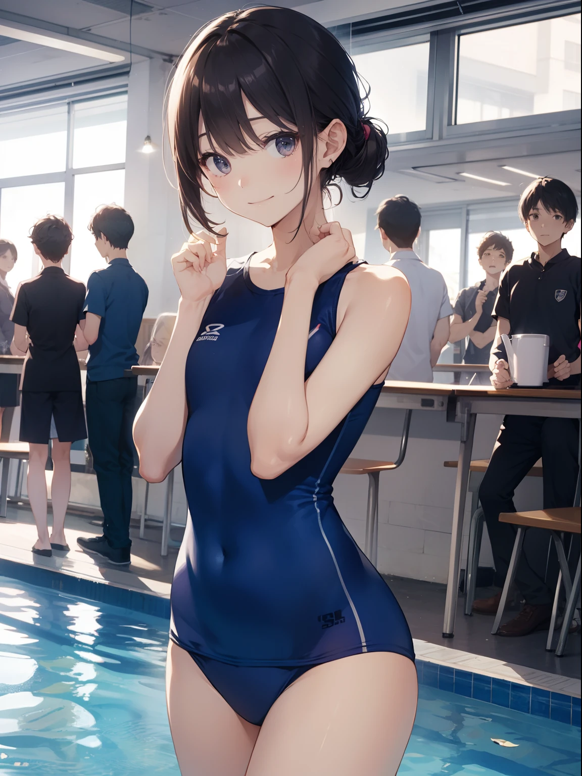 top-quality、Full limbs、complete fingers、Slender beauty、1 persons、ssmile、embarassed expression、School swim wear、Dark blue knee-high、Standing、straighten your legs