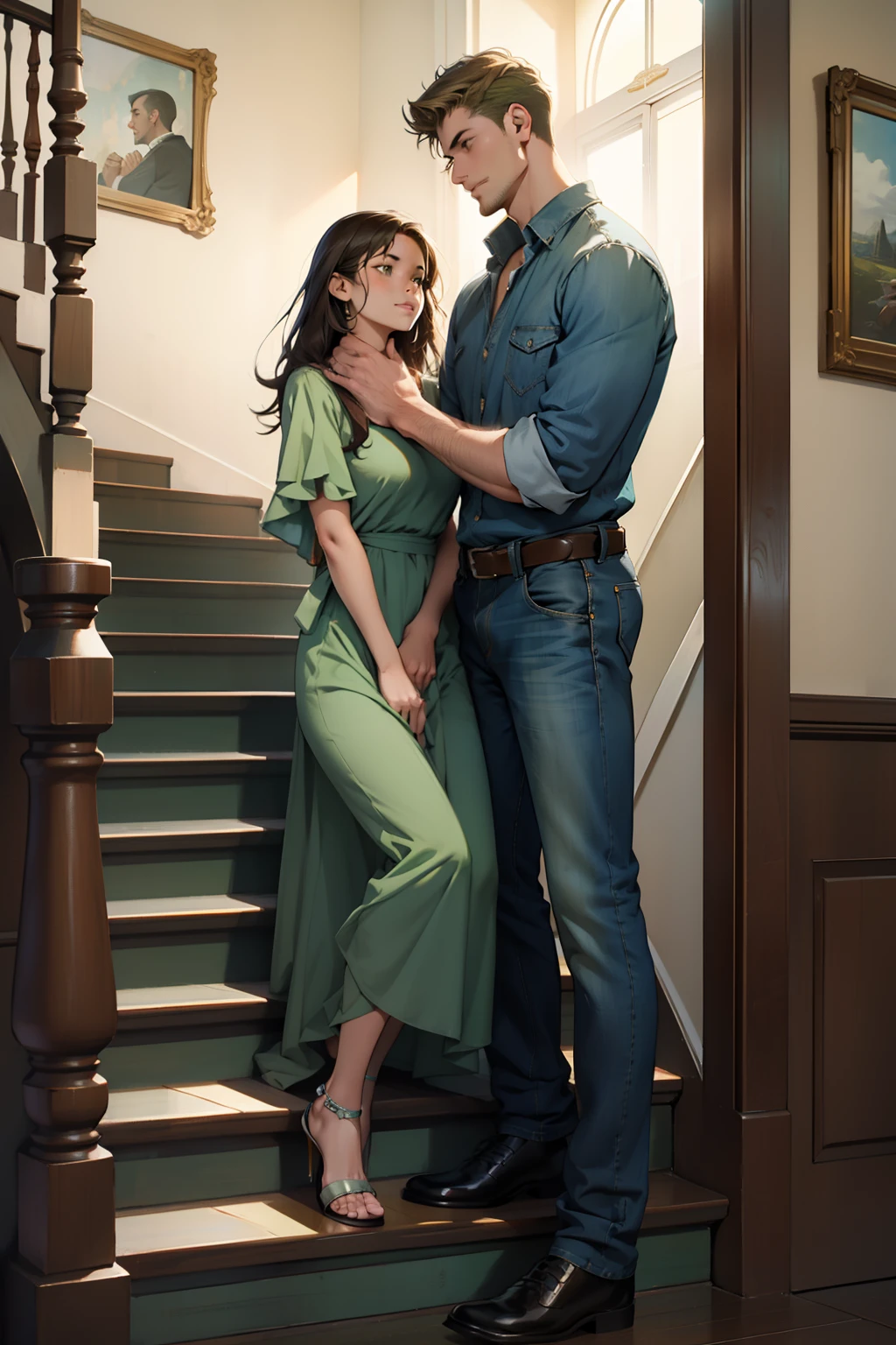{{Male and female couples}}、Stairs in the house、sitting on stairs、 beautiful woman wearing a green dress、 tall handsome man wearing a blue shirt and jean pants, Put his hands around her waist
