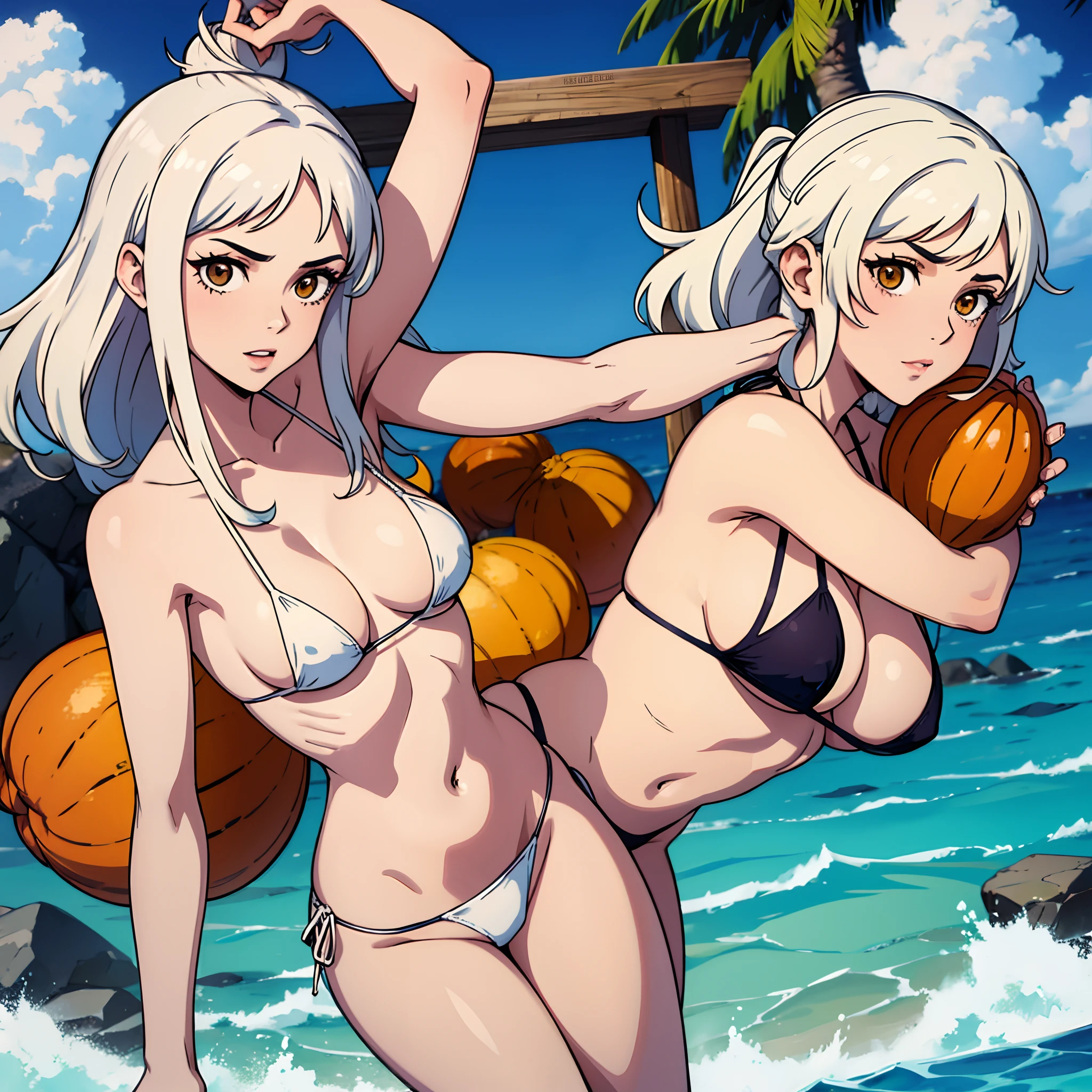 Mujer sexy, en bikini, pelo blanco largo, cuernos naranjas