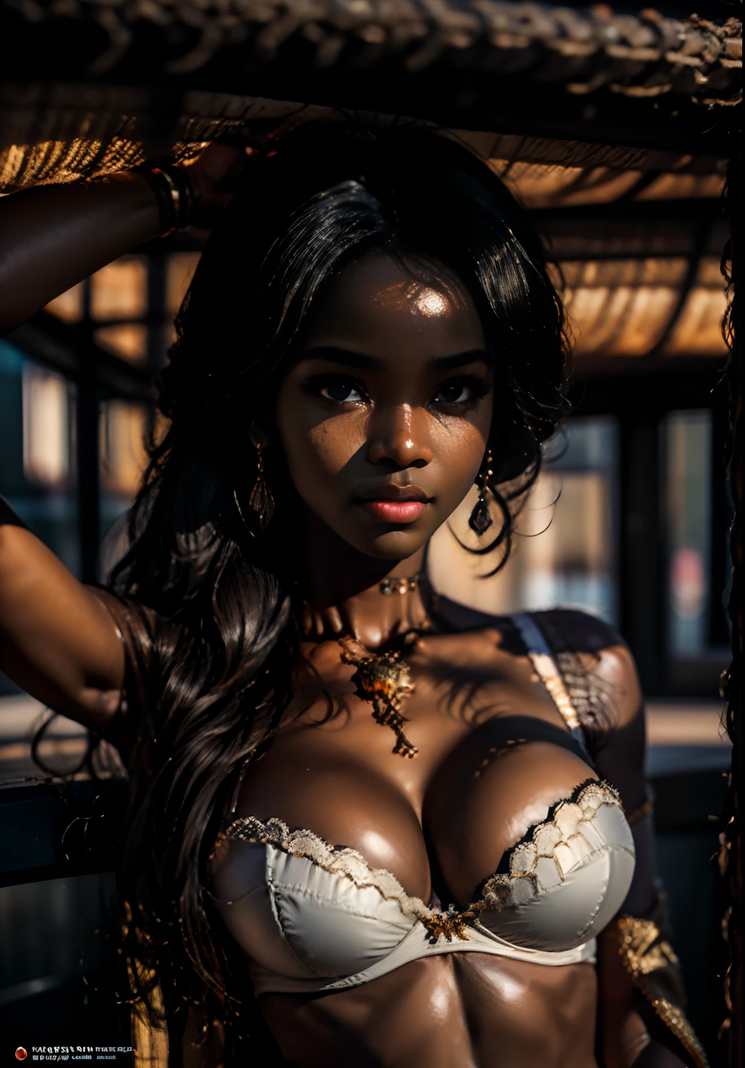 SFW, uploaded on e621, by Pixelsketcher, by Bayard Wu, by Thomas Benjamin Kennington , by Einshelm, solo anthro, ((face portrait)), BREAK, ((wearing bra, showing belly button)), ((huge afro)),(detailed Bonifasko lighting), (detailed skin), (detailed deep ebony skin), (dark skin, ebony, deep ebony), (ebony neck), (her own arm holding her own head), revealing half-breast, BREAK, ((facing viewer)), (cinematic lighting), ((detailed background)), ((face portrait view)), (((portrait view))), (half body shadow), [backlighting], [crepuscular ray], [detailed ambient light], [gray natural lighting], [ambient light], (higher wildlife feral detail), [explict content], [sharp focus], (questionable content), (shaded), ((masterpiece), her own arms holding her own head, medium breasts, [saliva dripping] breasts, African girl, African face, African Art, African Art, Commission for High Res, African Art, Art,Sakimichan beautiful, masterpiece, medium breasts, best quality, detailed image, bright colors, detailed face, perfect lighting, perfect shadows, perfect eyes, girl focus, eyes, flawless face, big breasts, face focus, (huge afro)) African, African girl, dark skin, deep ebony woman, ebony nose, sexy mouth, gaze at the viewer, eyes, 1girl, solo, (masterpiece), (best quality), (illustration), (cinematic lighting), detailed dark skin, balanced coloring, global illumination, ray tracing, good lighting, deep ebony, African, showing breasts, cleavage, looking at viewer, seductive look, SFW