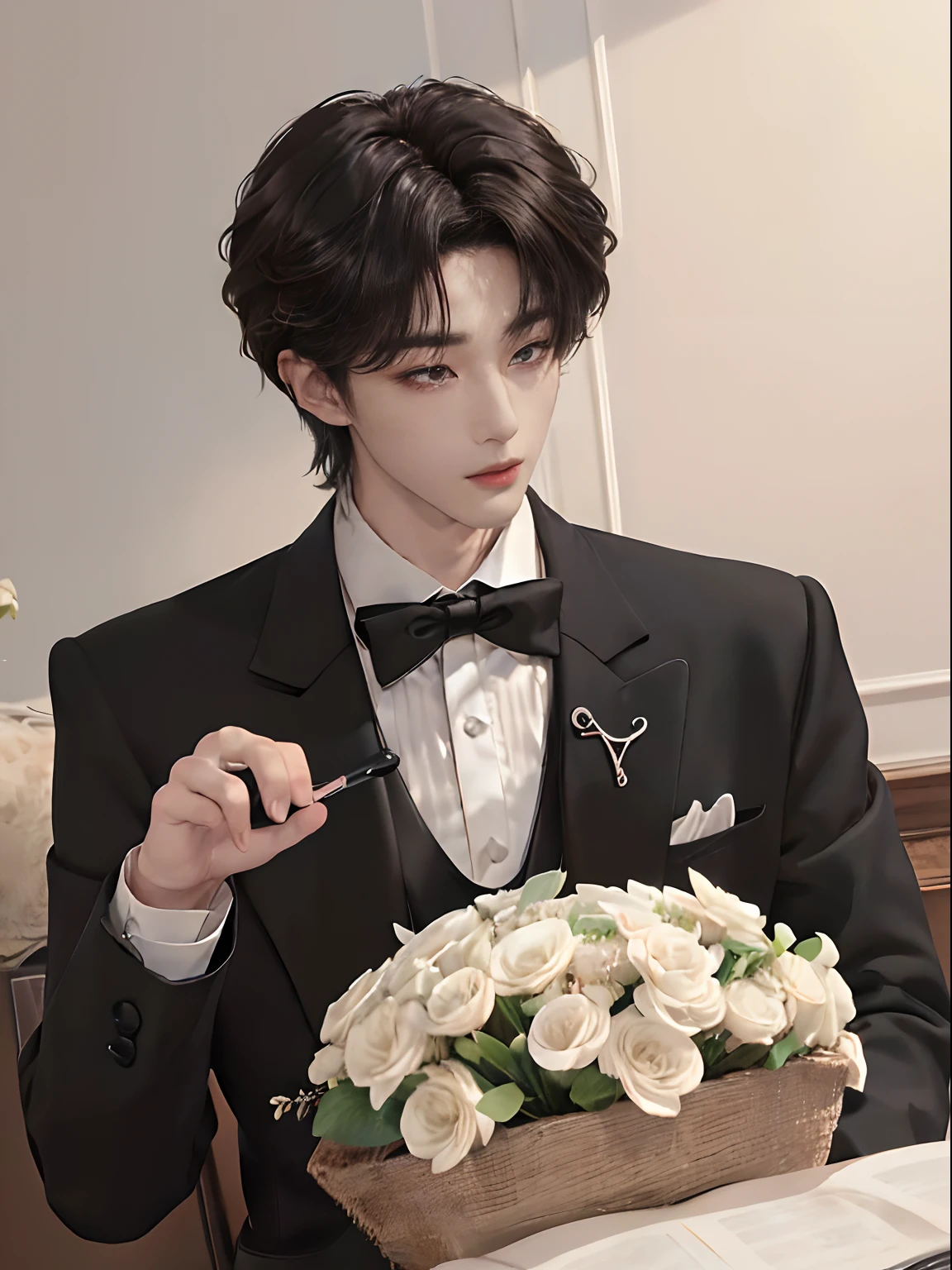 ((4K works))、masterpiece、(top-quality)、((high-level image quality))、((One Manly Boy))、Slim body、((Man in black tuxedo))、(Detailed beautiful eyes)、((Model Magazines))、deacon、Face similar to Chaewon in Ruseraphim、((short hair above the ears))、((Smaller face))、((Neutral face))、((Light brown eyes))、((Korean boy))、((18year old))、((Handsome man))、((A charming expression))、((Korean Makeup))、((elongated and sharp eyes))、((Focus zoom out))、((Model Magazine Cover))、((model poses))、((Model photo))、((Butler photo))、((Butler Photos))、Professional Photos、((Magazine covers))、((Shot alone))、((Upper body photography))