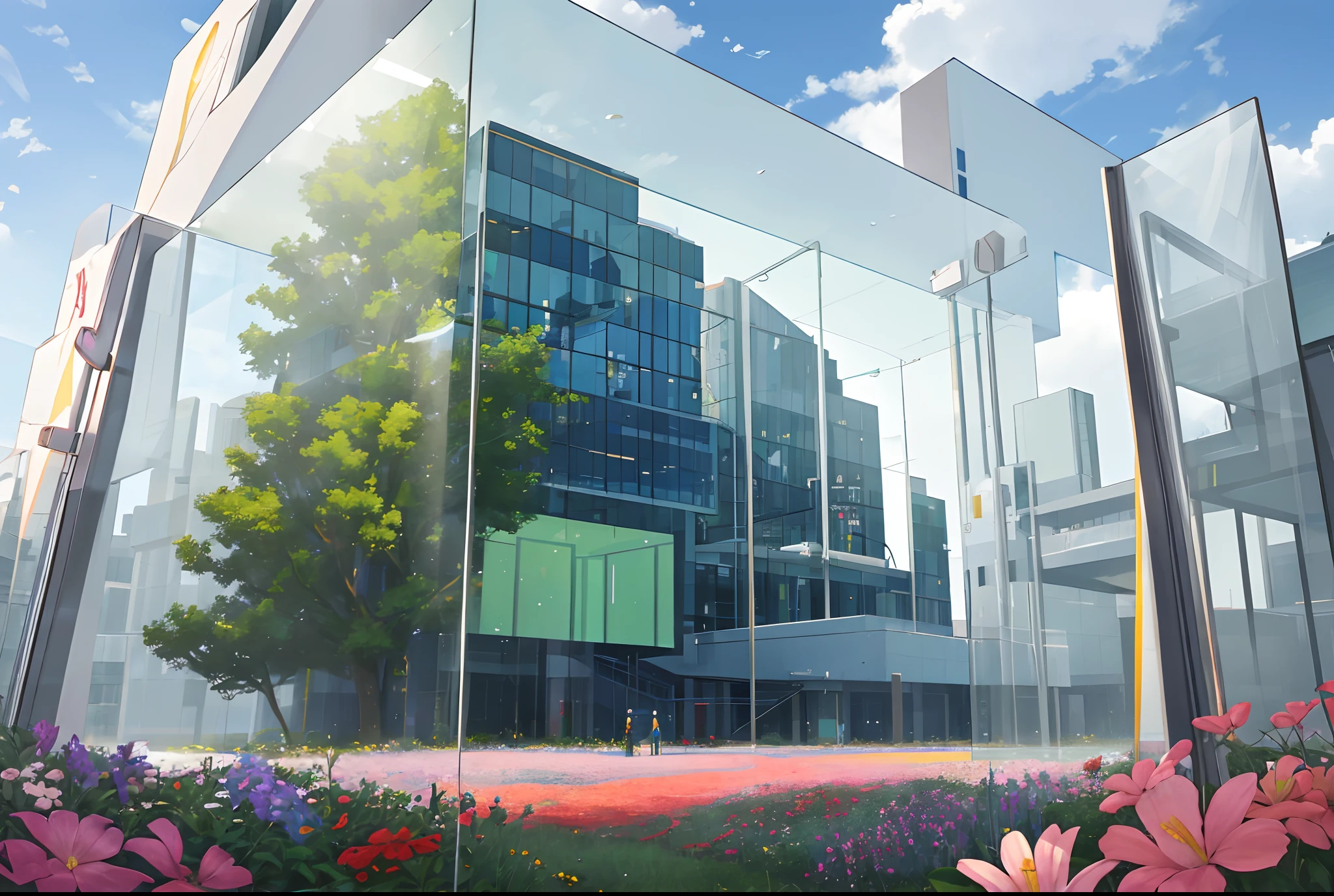 Futuristic glass house hanging in the air bathed in sunlight, among trees and flowers, abstraction, painting, mist, Green cities of the future