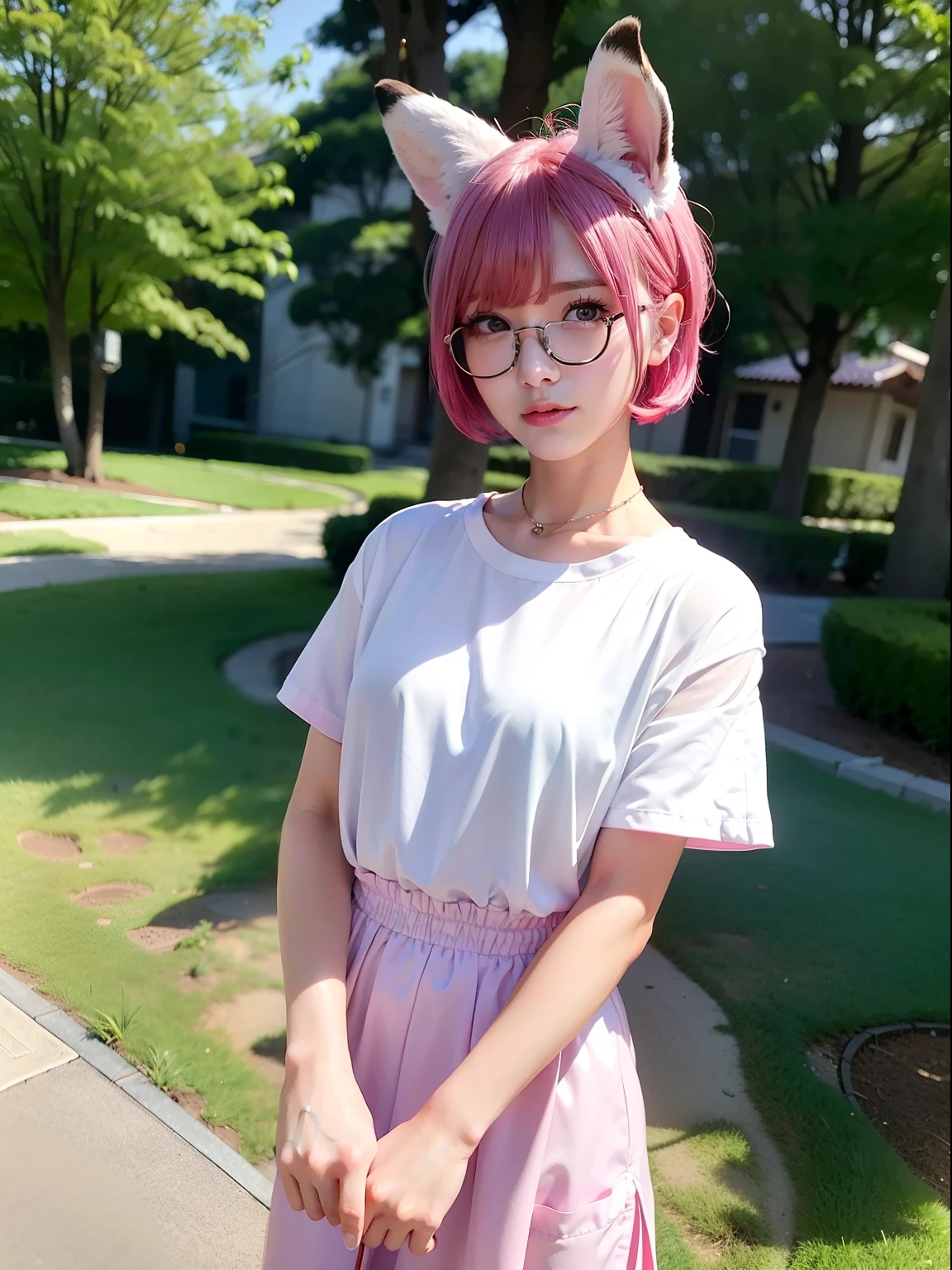 Wearing red glasses、white t-shirts、Skinny Jeans、pink shorth hair,a park、(8K, top-quality, masterpiece:1.2), (realisitic, Photorealsitic:1.37), ultra-detailliert, 1 girl in, Whole body esbifa layer、cute little、独奏、Beautiful detailed night sky、tiny chest、small tits、(short-hair:1.2)、Floating Hair NovaFrogStyle、masuter piece、Pink Shortcut Bob、Realistic rabbit ears、Pink realistic rabbit ears、Realistic ears of rabbits sticking out of the head、Pink hair、Beautiful girl in her 20s、Bewitching atmosphere、Beautiful shaped hands、K-POP、Pink rabbit ears、1 girl in、独奏、masterpiece、top-quality、realisitic、Hyper-detailing、(Glossy skin:1.4)、absurderes、short pink hair、Slender beauties、动态照明、hight resolution、foco nítido、depth of fields、(thick thight:1.0)、A slender :1.2,((Short-cut bob hair))、((k pop:1.3)),Highly detailed facial and skin texture、((魅惑的)),Anatomically correct number of fingers,Correct anatomy