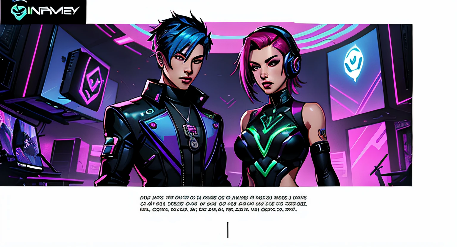 3 game character male and female with different colored hair and costumes, game characters, game cg, mobile game, mobile game style, cyber universe style, cyber punk setting, esports, mobile legends, ingame image, nvidia promotional image, game cover, cyber style, game promotional poster, game key art, fighting game, cyberpunk outfits