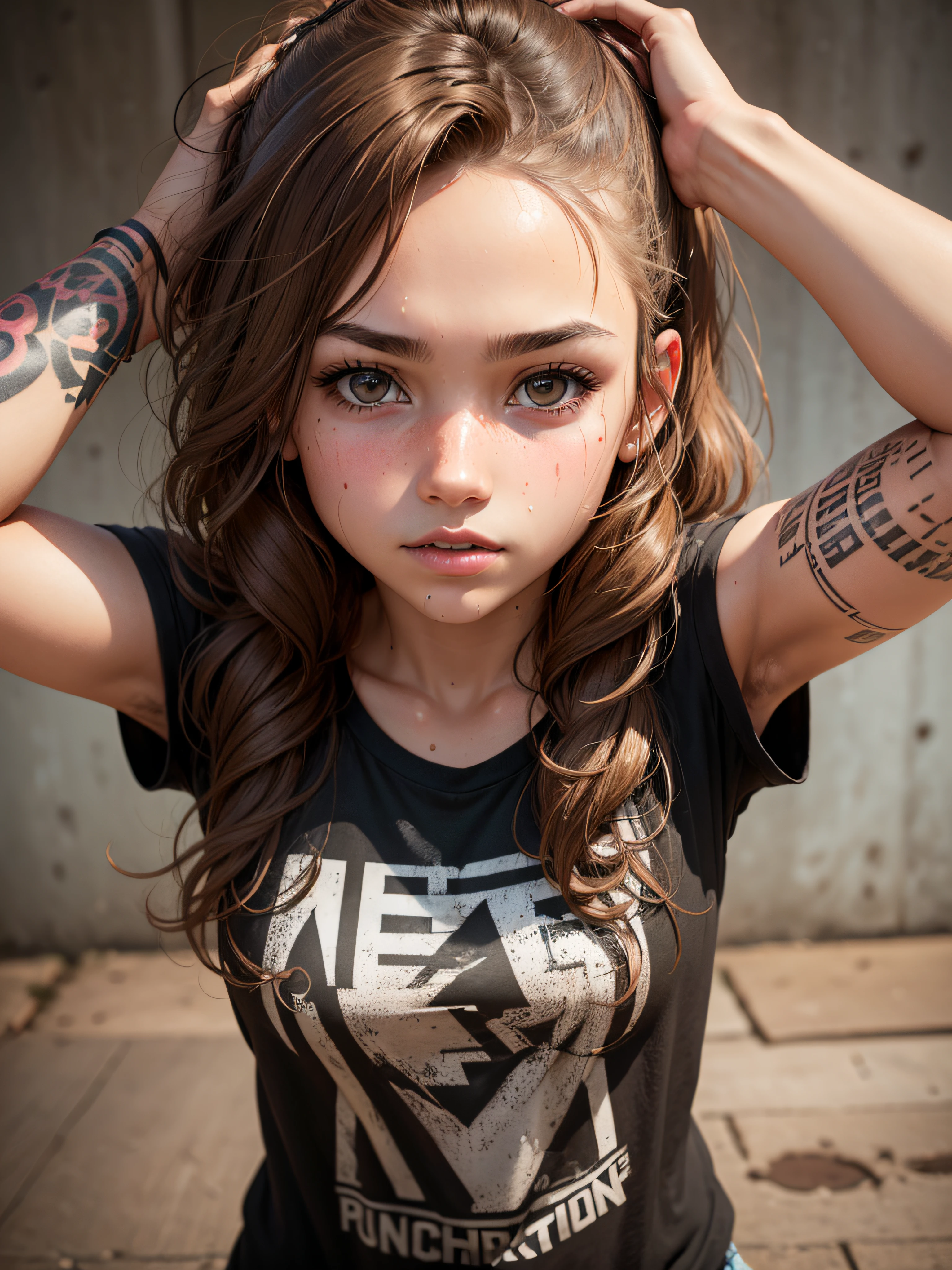 (1girl), portrait, tan, dewy skin, sweaty skin, wavy brown hair, punk tshirt, punk girl, Tattoo, High detailed