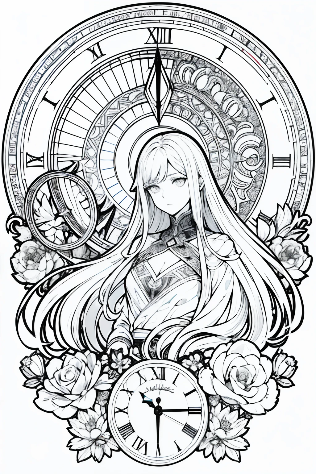 Painting of a woman with long hair and a watch, bela arte de linha, arte da linha preto e branco, bela arte de linha, Very fine ink strokes, arte oficial altamente detalhada, Arte da linha preta no branco, Artwork,Does not ooze black, livro para colorir, fanart requintada altamente detalhada, Black ink strokes, Fantasy fan art, Directed by: Yoshihiko Wada, Anime Art Nouveau Universo Show,arte Alphonse Mucha ,Rascunho,Somente linhas de caracteres e cenas removem cores...., Not shadows.,(obra-prima, melhor qualidade, Altas:1.4), circunstanciado, intrincado detalhado, 10, Respingos de cor, arte de linha, Fibonacci,