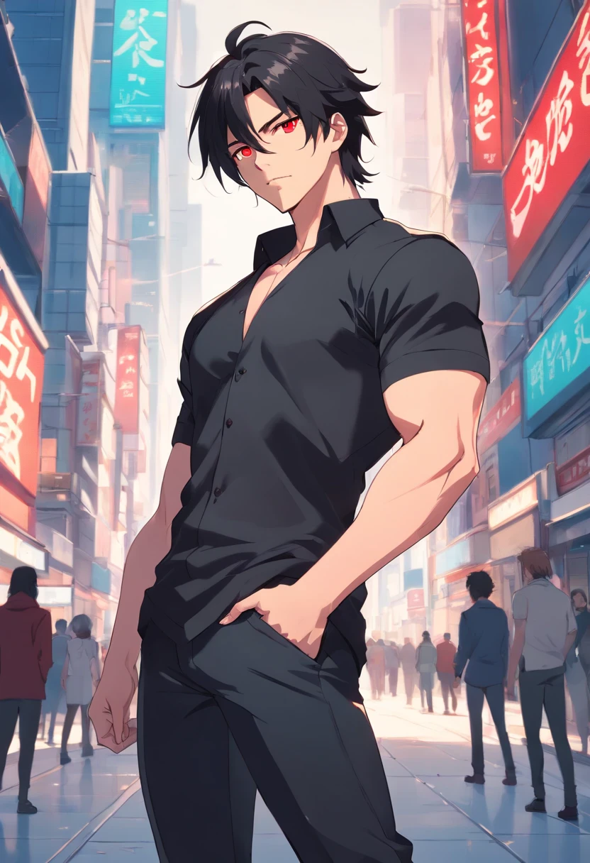2 meter muscular 20 year old man with pale skin, Long black hair and red eyes like a woman, Wearing black pants, Matte black tight t-shirt, White overcoat and similar to Dio brand.