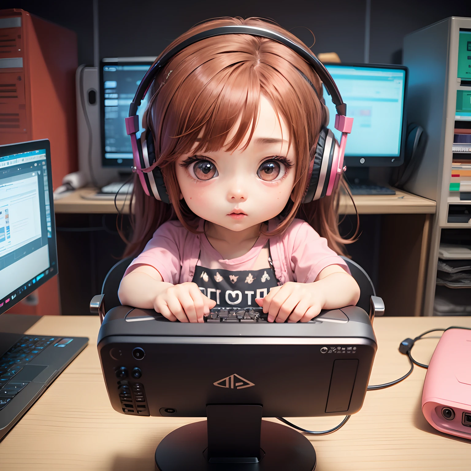 ​masterpiece、top-quality、ultra-detailliert、（Chibi Chara's Daughter:1.2）、Red-brown hair、Metal headphones、Pink PC、Chibi Computer Lab、sit a chair、