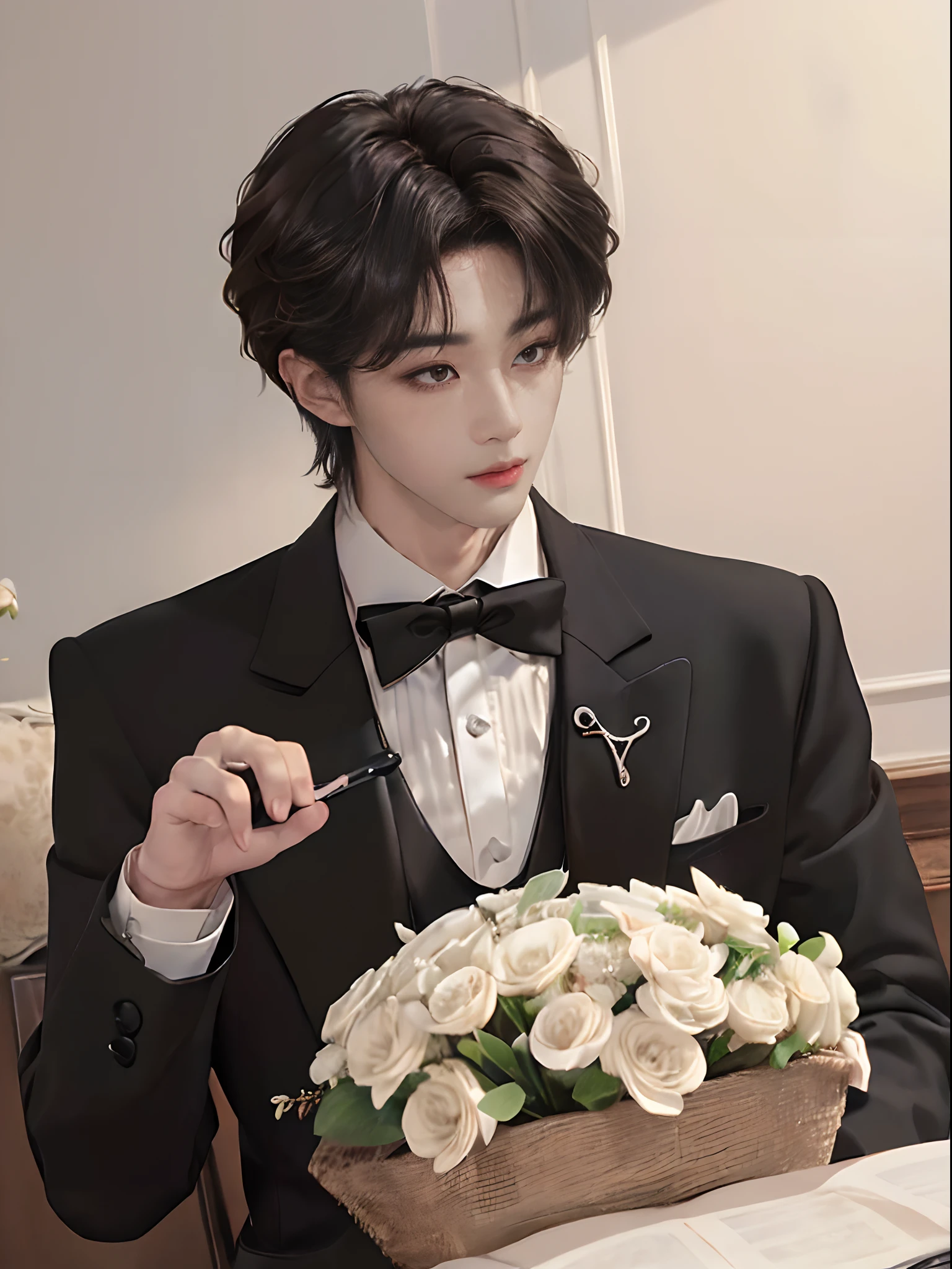 ((4K works))、masterpiece、(top-quality)、((high-level image quality))、((One Manly Boy))、Slim body、((Man in black tuxedo))、(Detailed beautiful eyes)、((Model Magazines))、deacon、Face similar to Chaewon in Ruseraphim、((short hair above the ears))、((Smaller face))、((Neutral face))、((Light brown eyes))、((Korean boy))、((18year old))、((Handsome man))、((A charming expression))、((Korean Makeup))、((elongated and sharp eyes))、((Focus zoom out))、((Model Magazine Cover))、((model poses))、((Model photo))、((Butler Photos))、((Butler Photos))、Professional Photos、((Magazine covers))、((Shot alone))、((Upper body photography))