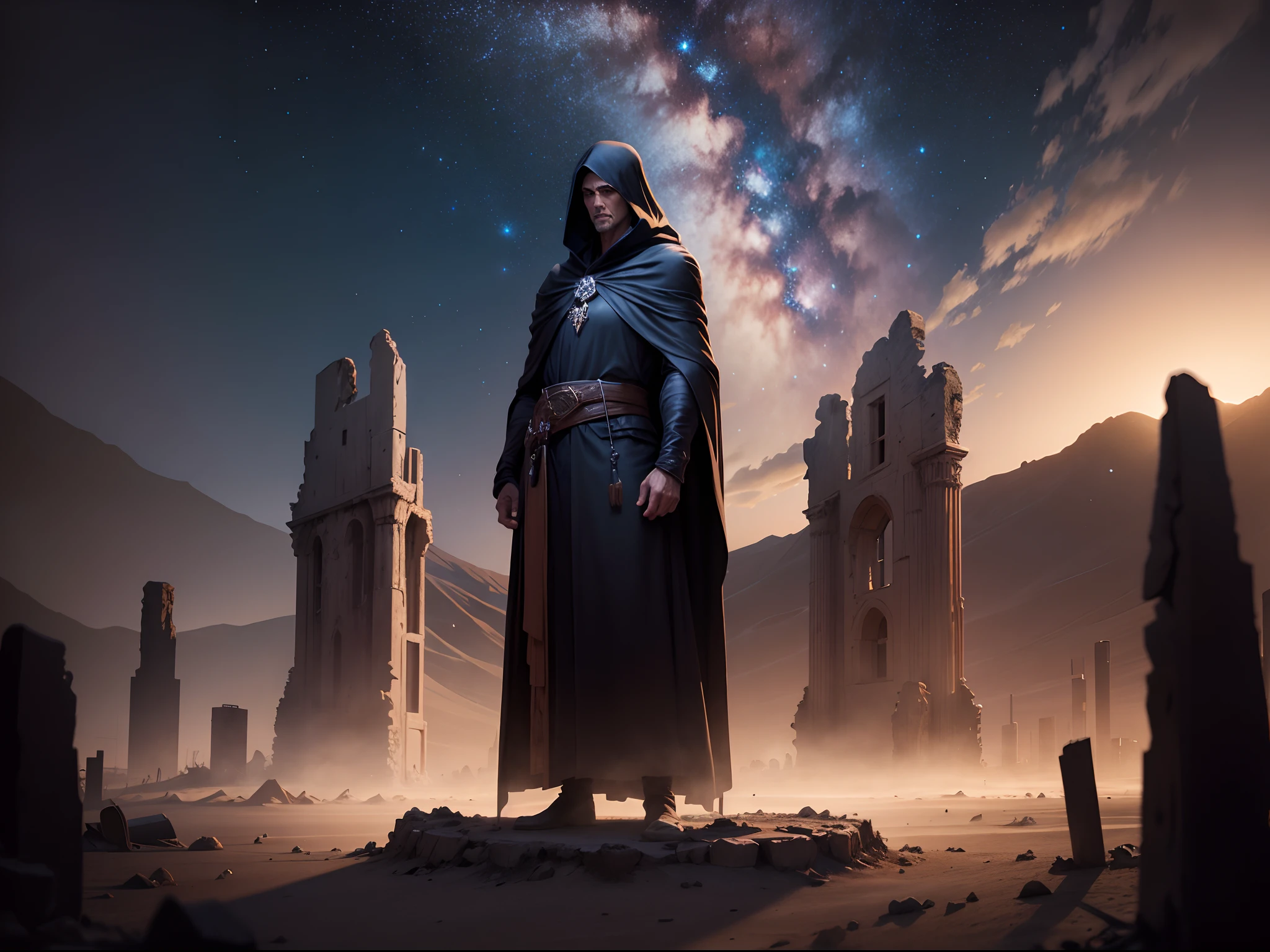 8k realistic image of a tall figure, dressed in a black robe and hood, standing in the small ruins of a sandy desert at night, night scenery, starry sky, anime style art