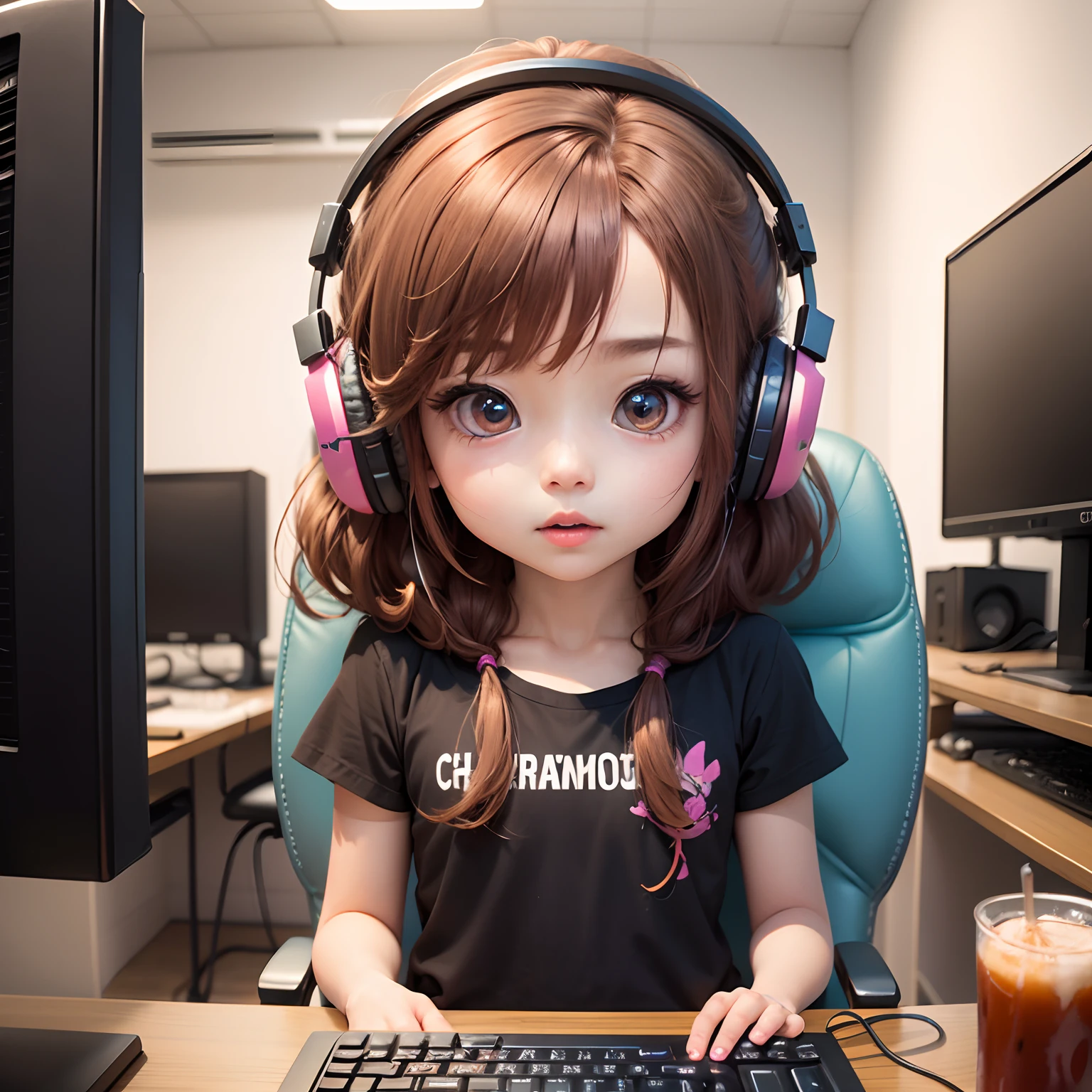 ​masterpiece、top-quality、ultra-detailliert、（Chibi Chara's Daughter:1.2）、Red-brown hair、Metal headphones、Pink PC、Chibi Computer Lab、sit a chair、