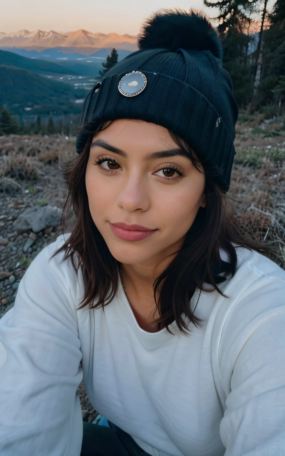 photorealistic, best quality, hyper detailed, sweaty beautiful woman, , hispanic, b cup breasts,selfie photo, upper body, wearing sensual tight fine leather jaket, outdoors, (day light), mountains, real life nature, (cheerful, happy),a sister is kissing her breast,sleeping bag, gloves, sweater, beanie, flashlight, forest, rocks, river, wood, clear sky, analog style, looking at viewer, skin texture, film grain, close up, ultra high res, best shadow, RAW, instagram LUT