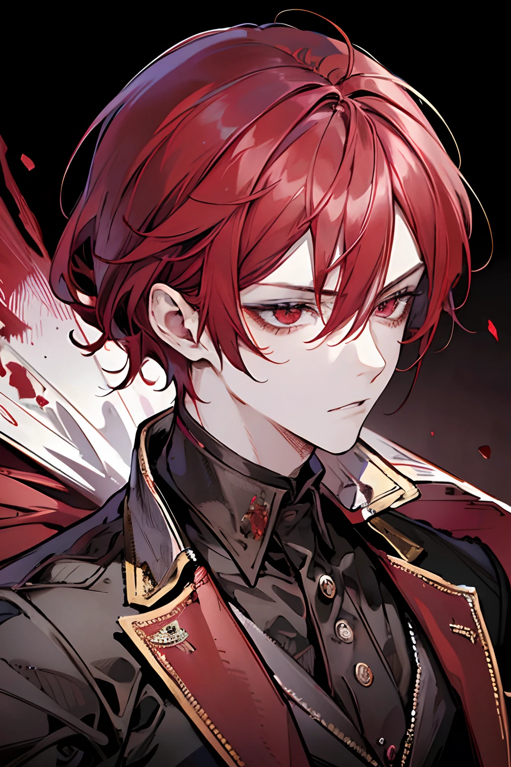 1 man, red hair, Red and black Formal Suit, red eyes, blood magic, pointy ears, high res, best resolution, absurd res, good eyes