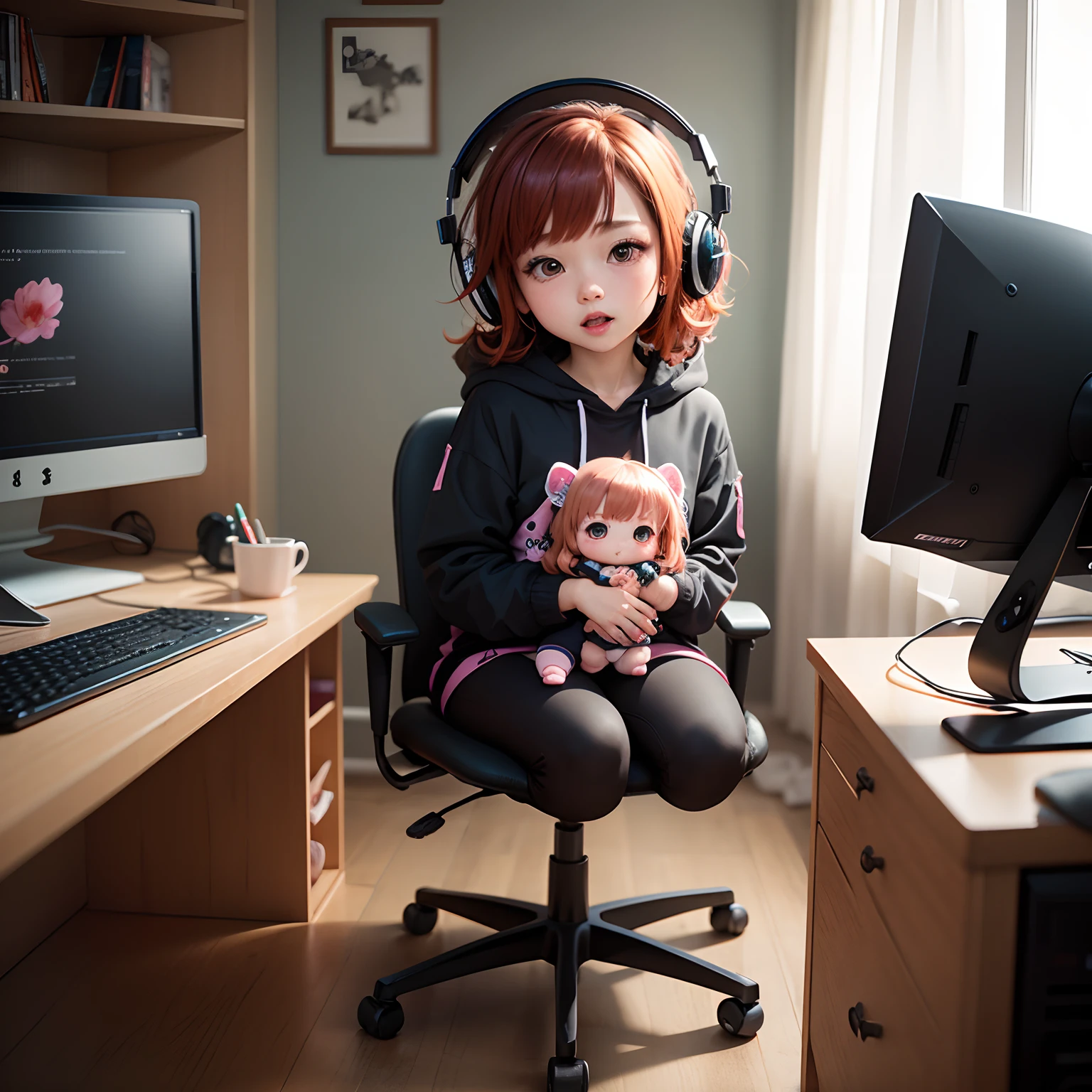 masterpiece、top-quality、ultra-detailliert、(Chibi Chara's Daughter:1.2)、Red-brown hair、Metal headphones、Pink PC、Chibi Computer Lab、sit a chair、