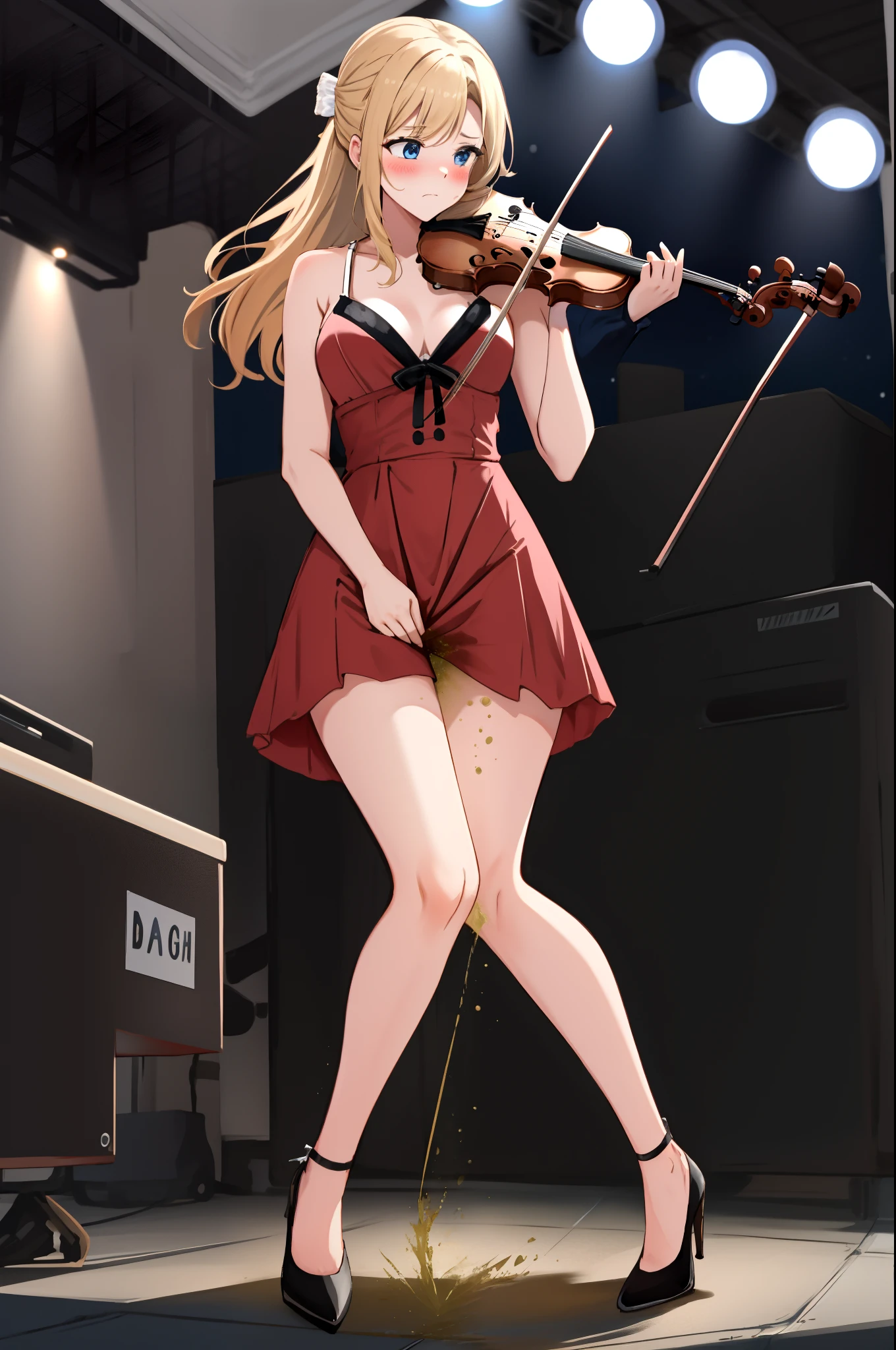 full body, sexy blonde woman, playing violin, on large stage at busy concert in spotlight, peeing self, have to pee, standing legs crossed, worried, blushing, high heels with bows, shy, puddle of urine, blue_eyes, humiliated, looking down, flushed, panicked, white lingerie, upskirt, lingerie, trembling, full face blush, blushing, shy, terrified,