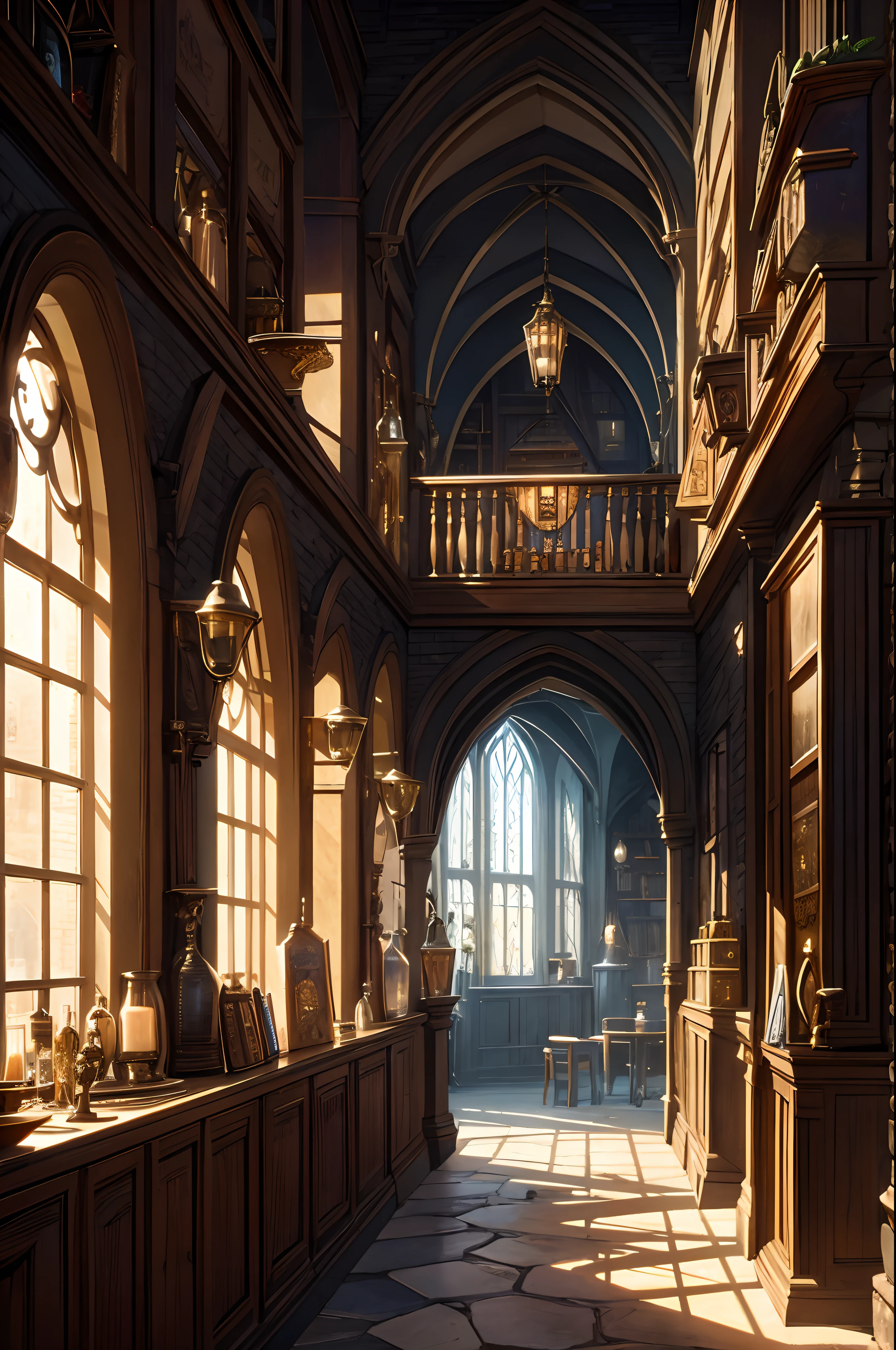 historical setting magic store inside, front view, harry potter, DIAGON ALLEY, showcase, textured, maximum detail, peltate plate, no people, Highest quality, masterpiece, magic potion, Mythological creatures