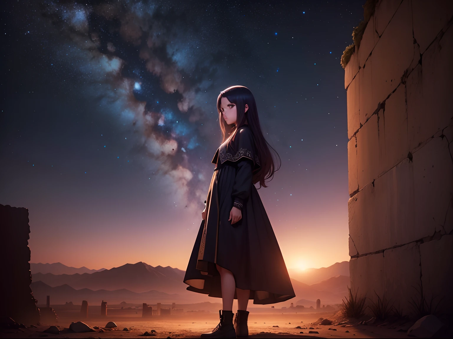 Imagem realista de 8k de uma figura alta, vestido com um manto preto e capuz, Standing in the small ruins of a sandy desert at night, Night scenery, Starry sky, arte estilo anime