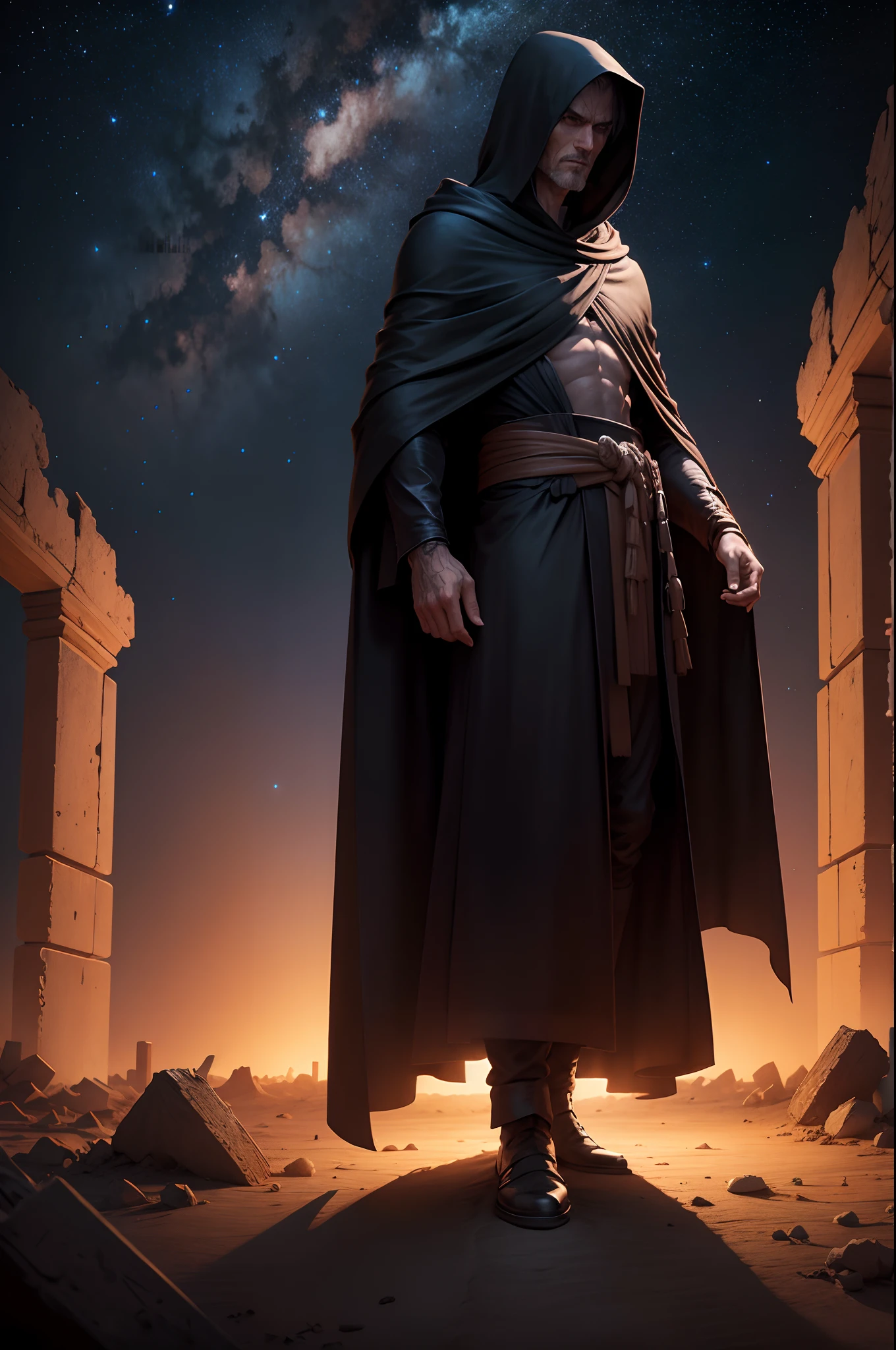 8k realistic image of a tall figure, dressed in a black robe and hood, standing in the small ruins of a sandy desert at night, night scenery, starry sky, anime style art