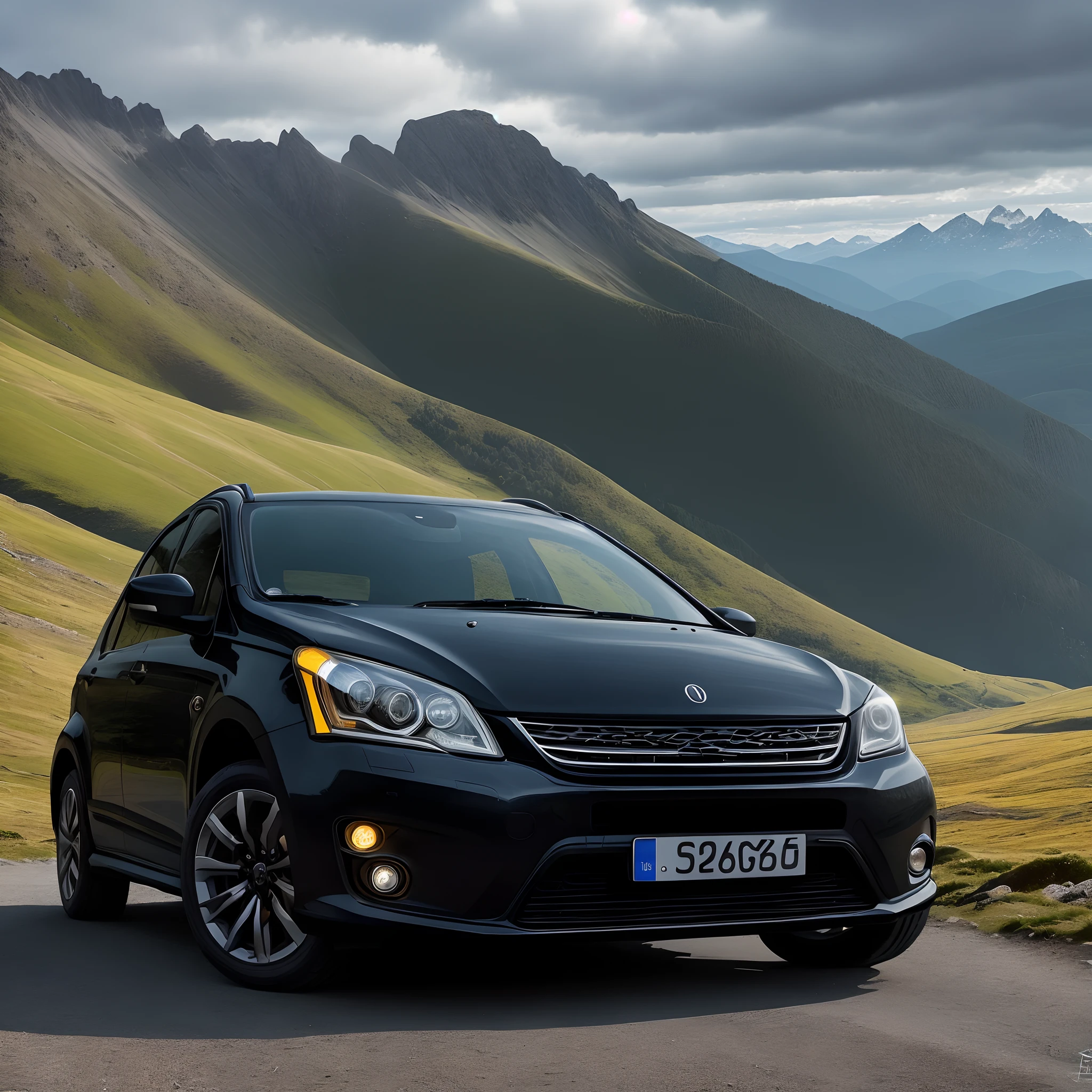 Carro stationeagon preto, on the mountain with the headlights on and a yellow dog in the window