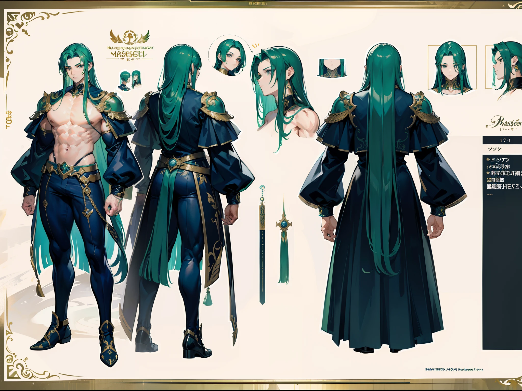 ((Masterpiece, Highest quality)), Detailed face, character design sheet， full bodyesbian, Full of details, frontal body view, back body view, Highly detailed, Depth, Many parts, Muscle boy with long green hair，handsome man, muscle body, navy, commander, man tall