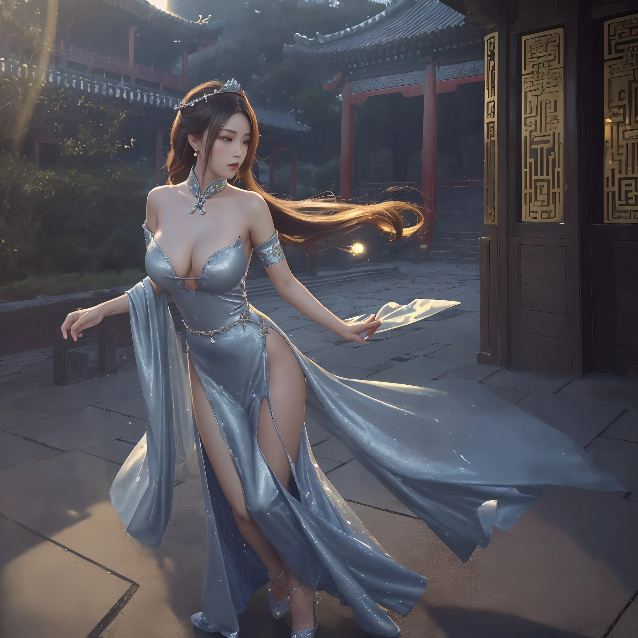 (((nffsw))), (((masutepiece))), (((8K))), (((hight resolution))), (((Photorealistic))), (((Cinematic lighting))), god rays, Zoom Layer, (((FULL BODYSHOT))), F/4.0, canon, Shiny skin,Detailed skin,Detailed face, Detailed eyes, nakeness, Bare chest, No top, The Beauty of Old China, Moonlight in the night sky, Crown of the princess, Cheongsam with big slit, Glittering palace gardens, Gorgeous dances