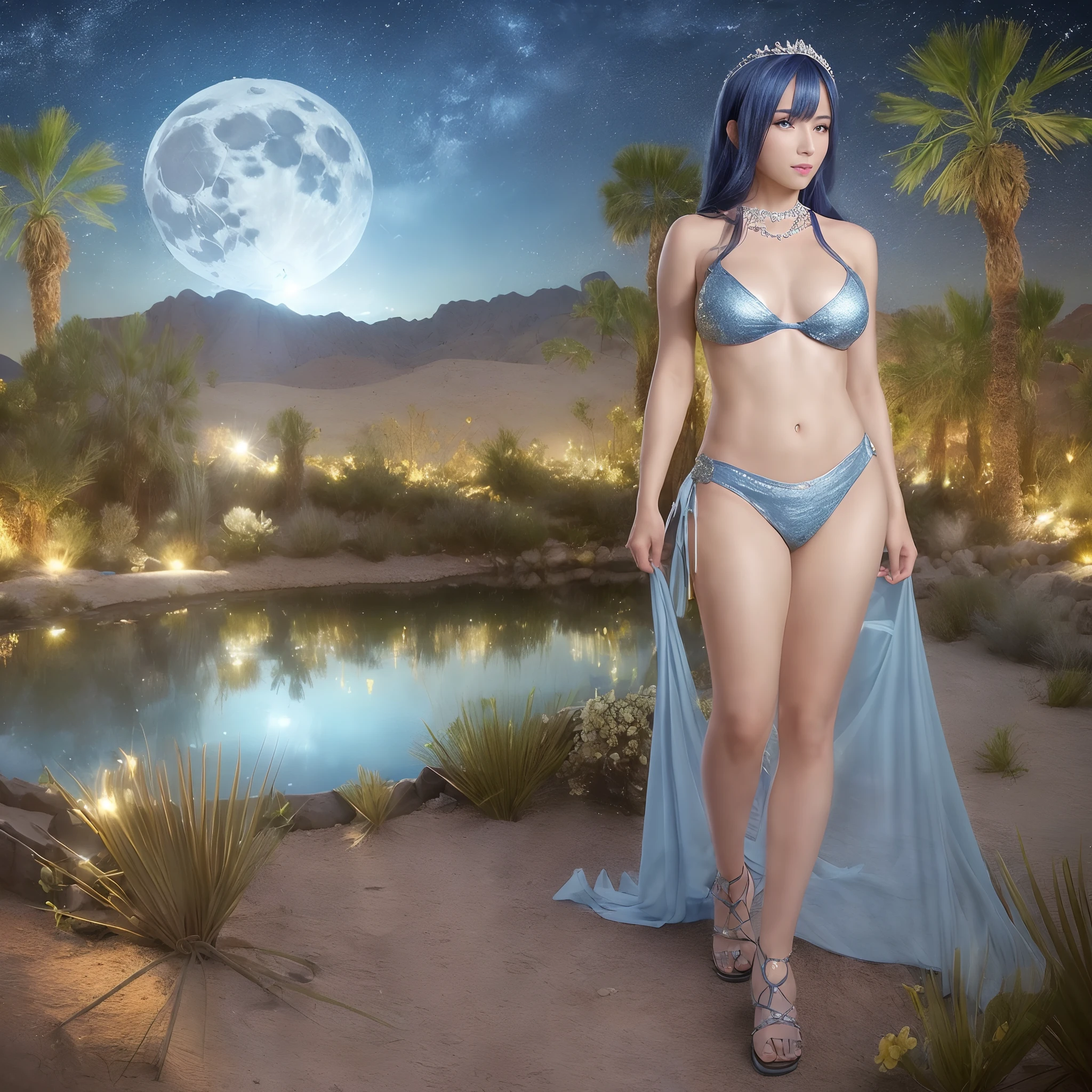 (((nffsw))), (((masutepiece))), (((8K))), (((hight resolution))), (((Photorealistic))), (((Cinematic lighting))), god rays, Zoom Layer, (((FULL BODYSHOT))), F/4.0, canon, Shiny skin,Detailed skin,Detailed face, Detailed eyes,  nakeness, Bare chest, No top, Goddess of the Desert Oasis, Blue moon flowers blooming in the desert at night, Olive Tiara, sandal, Surrounded by desert, Flowers bloom around a small pond, Healing effect that glitters from the pond
