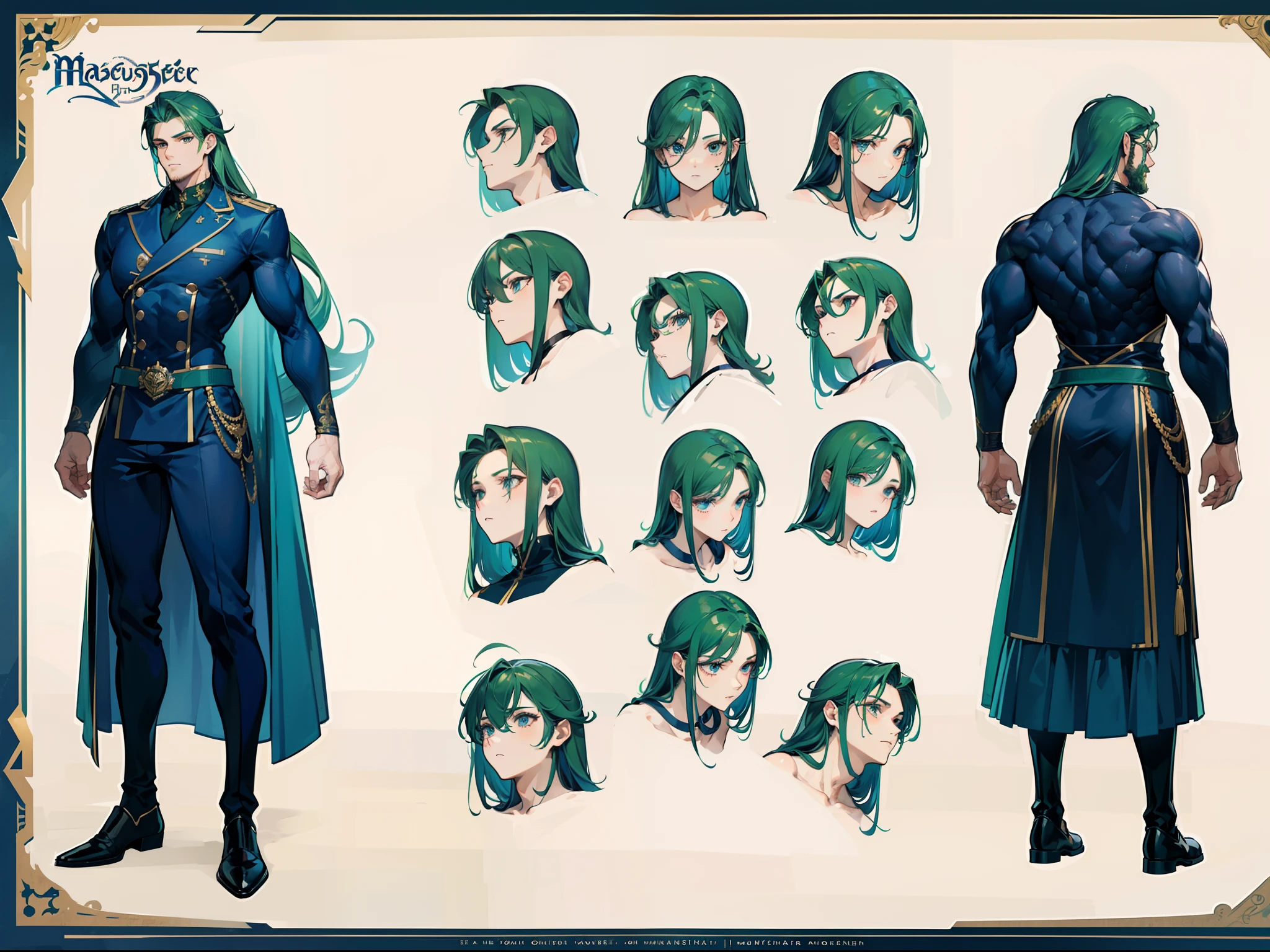 ((Masterpiece, Highest quality)), Detailed face, character design sheet， full bodyesbian, Full of details, frontal body view, back body view, Highly detailed, Depth, Many parts, Muscle boy with long green hair，handsome man, muscle body, navy, commander, man tall