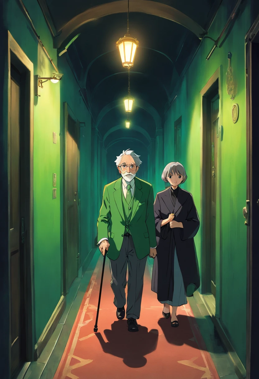 Draw a picture of an old man with a cane accompanied by an adult woman dressed in black and a boy in a green suit walking down a dark corridor