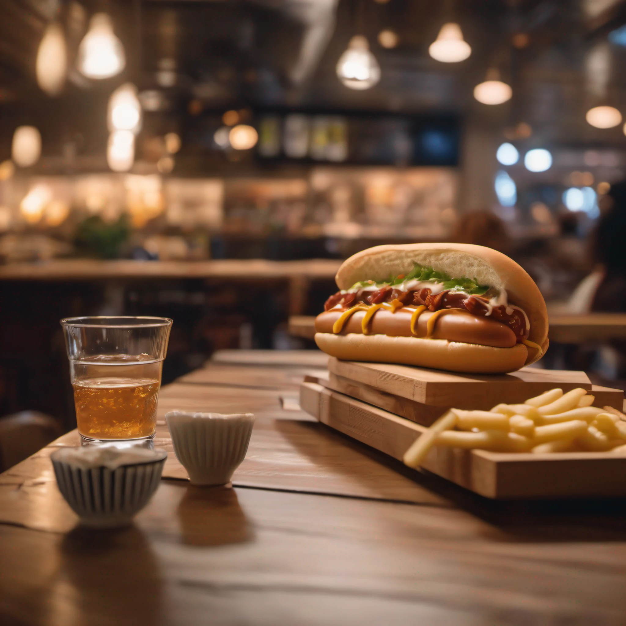 color photo of a cinematic ultra realistic hot dog sandwich in a beautiful cafe, depth of field, eye level shot, night, vibrant, indulgent, mouthwatering, appetizing, savory, juicy, topped with caramelized onions, melted cheese, and a drizzle of tangy mustard, surrounded by vintage wooden tables and cozy lighting, bustling with happy diners, capturing the warm and inviting atmosphere, evoking a sense of comfort and indulgence, shot with a Nikon D850, Kodak Portra 400 film, 50mm lens, using a shallow depth of field to highlight the delicious details, directed by Sofia Coppola, cinematography by Roger Deakins, photographed by Annie Leibovitz, fashion design by Karl Lagerfeld, —c 10 —ar 2:3