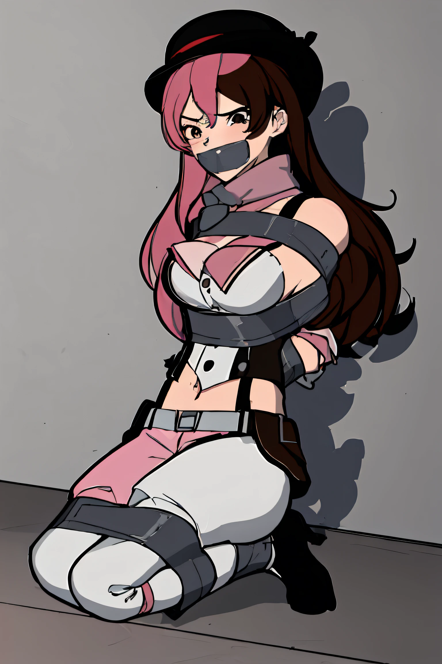 (absurdres, 8k, 4k, masterpiece, hyper extreme detailed:1.2), ((masterpiece,best quality)), absurdres, anime character, girl, female, neopolitan, long hair, brown hair, (brown eyes:1.3), pink hair, multicolored hair, pink eyes, two-tone hair, (heterochromia:1.2), split-color hair, gloves, hat, navel, brown eyes, detached sleeves, midriff, belt, pants, white gloves, black headwear, bowler hat, bound, bondage, (arms behind back:1.4), bdsm, tape gag, tape, tape bondage, close-up, restrained, best anatomy, curled up, full  body, standing, taped thighs, taped legs, legs together,