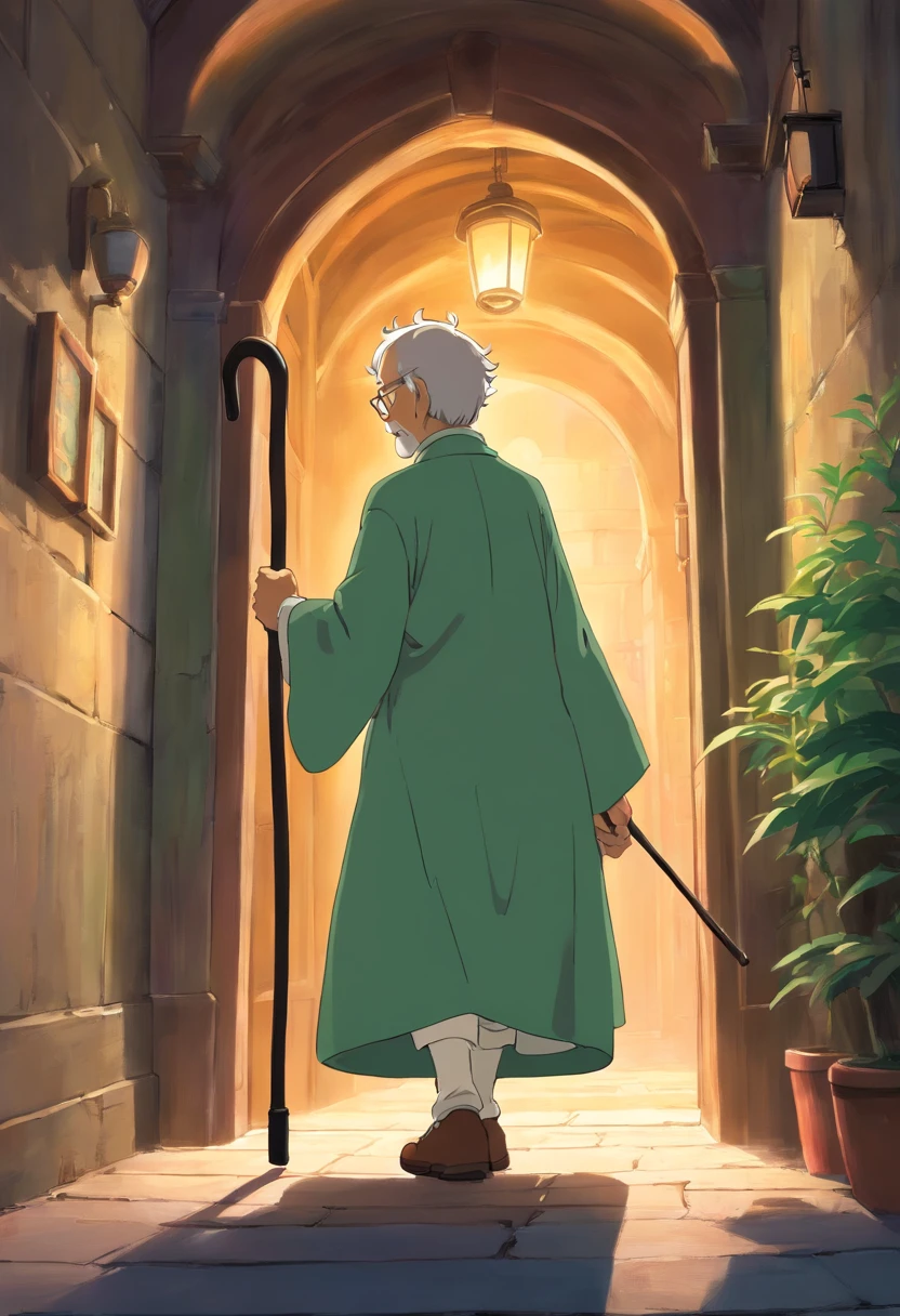 Draw a picture of an old man with a cane , el anciano tiene a su lado derecho una mujer adulta con un vestido negro y sombrero del mismo color , The woman has on her left side a -yeld boressed in green holding her hand , are walking in a dark hallway
