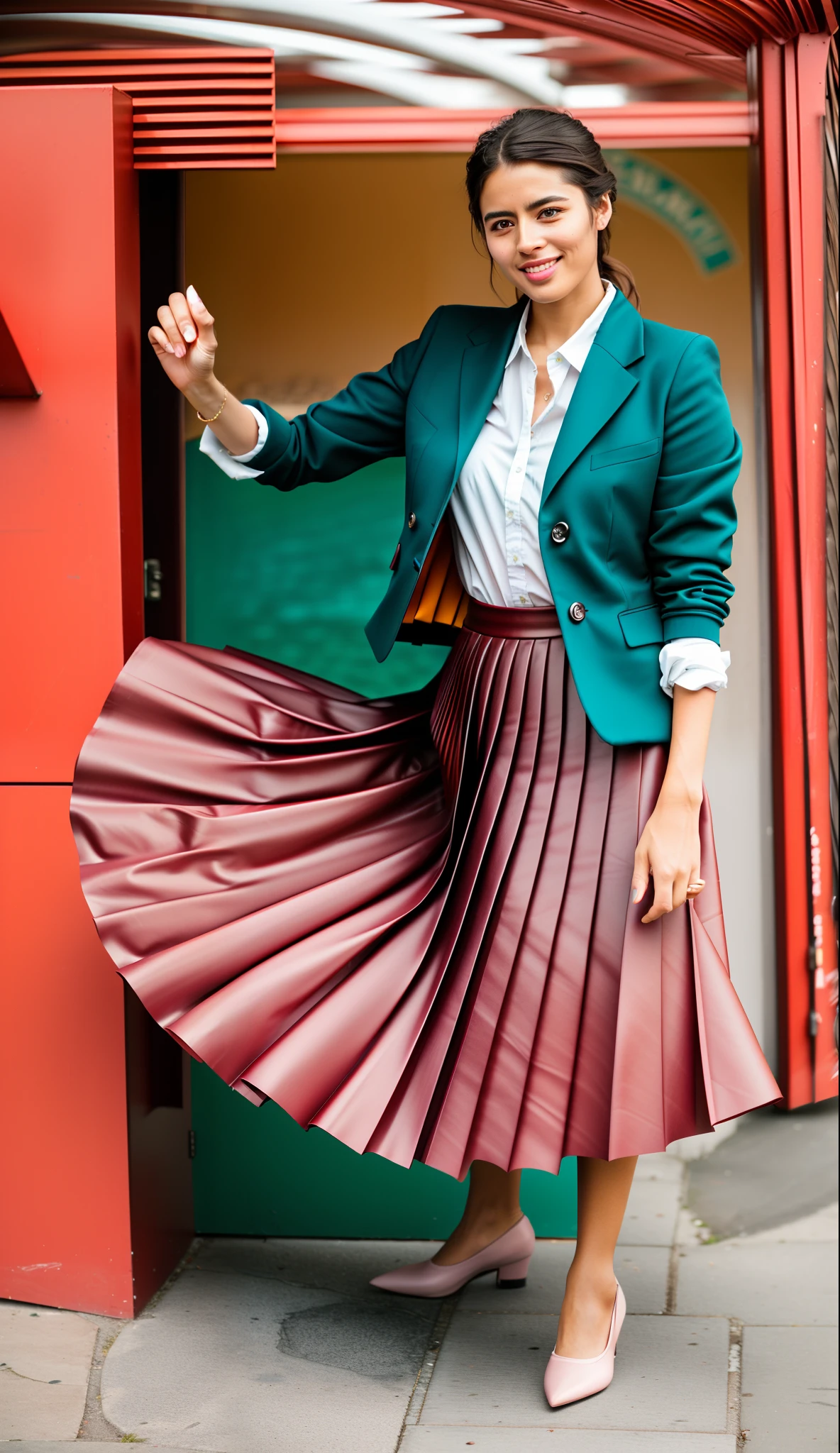 very (seductive:1,9) smiling attractive lesbian woman wearing short blazer and very very detailed (long (fully pleated) full circle skirt) and (simple) low heeled office shoes, very very intricate hyper-detailed symmetric (attractive graceful young feminine face) with (sad, tired eyes and a shy smile), large breasts, full of empathy and compassion and love, (pronounced (feminine) features), (highly detailed ultra accurate realistic) hands and fingers, (windy conditions and wind blowing), epic composition, highly detailed attributes, highly detailed atmosphere, (35mm f1.4 Kodak portra 400 photograph), extremely high quality RAW photograph,