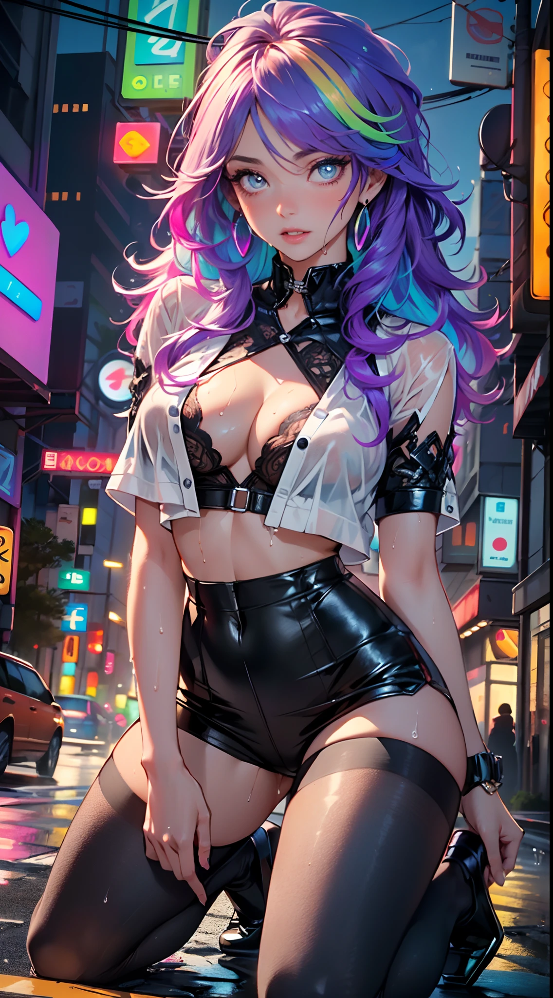 cyberpunk girl,(((1girl))),((cute and beautiful rainbow haired girl)),
(large breasts:1.4),saggy breasts,(really wild hair:1.3),mane,multicolored hair lighting, rainbow hair,((((wild hair)))),The beauty of extra-long hair, Super Long Straight Hair,bangs,(((neon_rainbow_eyes:1.3))),intricate eyes,beautiful detailed eyes,symmetrical eyes,((fat)),(((lustrous skin:1.5,bright skin: 1.5,skin tanned,shiny skin,very shiny skin,shiny body,plastic glitter skin,exaggerated shiny skin,illuminated skin,wet legs))),(spider lower abdomen,narrow waist,wide hip,athletic body,inflated legs,detailed body,(detailed face)),
cute,slutty,erotic,((nsfw)),
zettai ryouiki,underwear miniskirt uniform,Perfect body slim curvesThe shirt is fully open:1.4,The chest is completely open,Shirts are worn over underwear, (Shirts are worn over underwear: 1.3),absurdres,white button-down blouse,There is a collar,Black Slit Skirt,(Black pantyhose),Long legs,Detailed legs,High heels,cleavage,,(((wet clothes,intricate outfit,intricate clothes))),
Goddess-like posture,Kneeling exercise,:1.0,embarrassed,(centered,scale to fit dimensions,Rule of thirds),
cyberpunk city by the ocean at night, with bright neon signs and dark stormy clouds and puddles, scenery:1.25,
artistic photography,(photography taken by sldr),highres, sharp focus, (ultra detailed, extremely detailed), (photorealistic artwork:1.37),(extremely detailed CG unity 8k wallpaper),((rainbow background theme)),(((vibrant colors))),(intricate background),(masterpiece),(best quality),