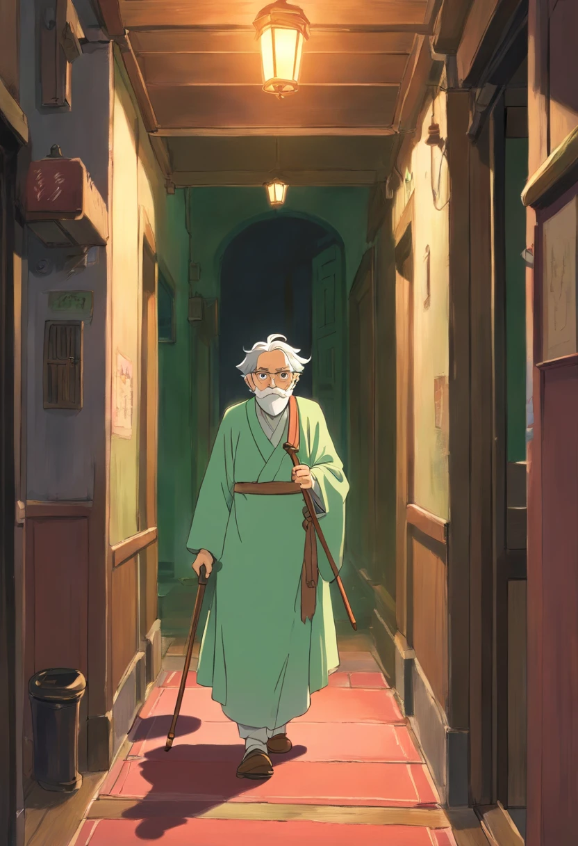 Draw a picture of an old man with a cane , el anciano tiene a su lado derecho una mujer adulta con un vestido negro y sombrero del mismo color , The woman has on her left side a -yeld boressed in green holding her hand , are walking in a dark hallway