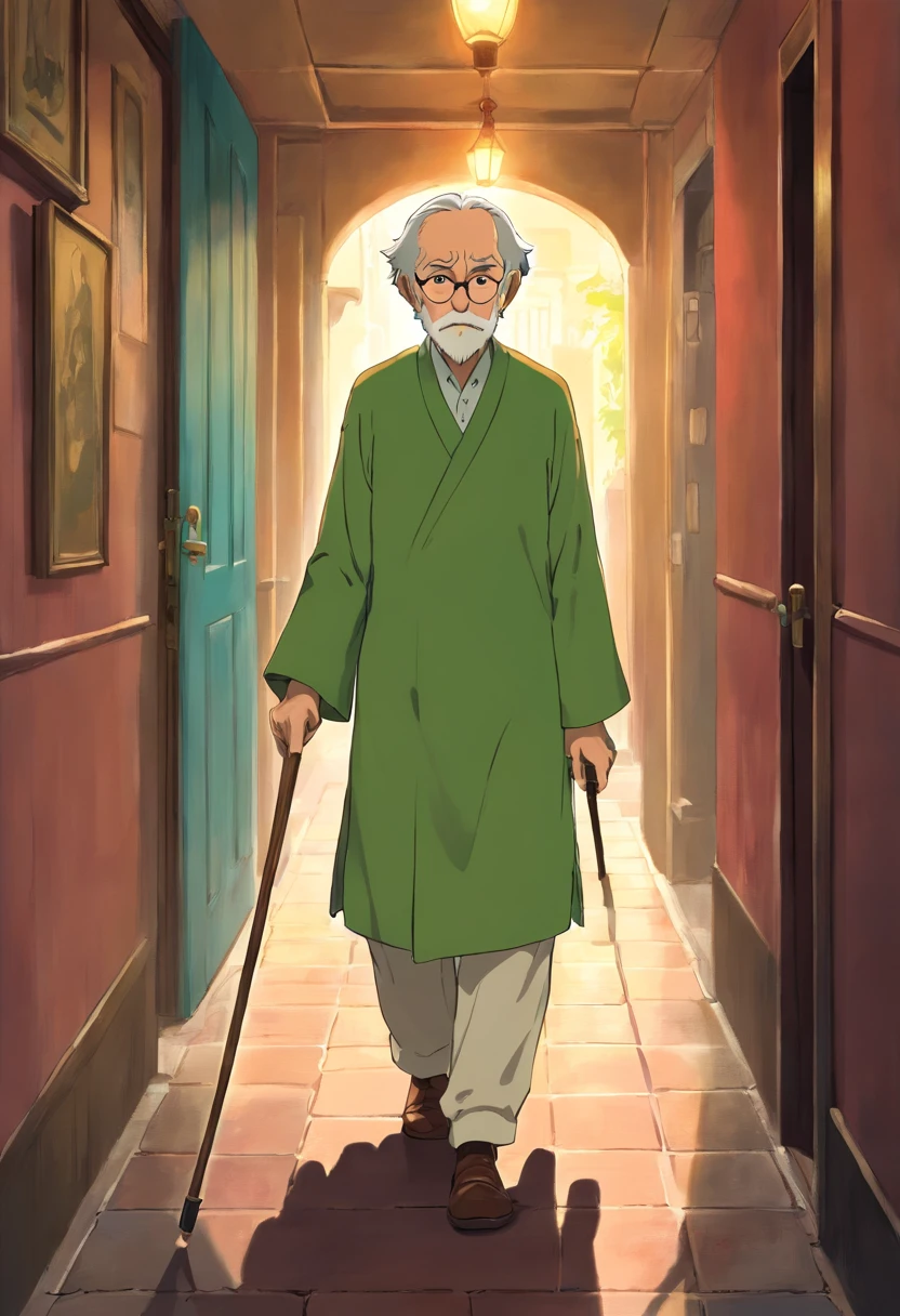 Draw a picture of an old man with a cane , el anciano tiene a su lado derecho una mujer adulta con un vestido negro y sombrero del mismo color , The woman has on her left side a -yeld boressed in green holding her hand , are walking in a dark hallway