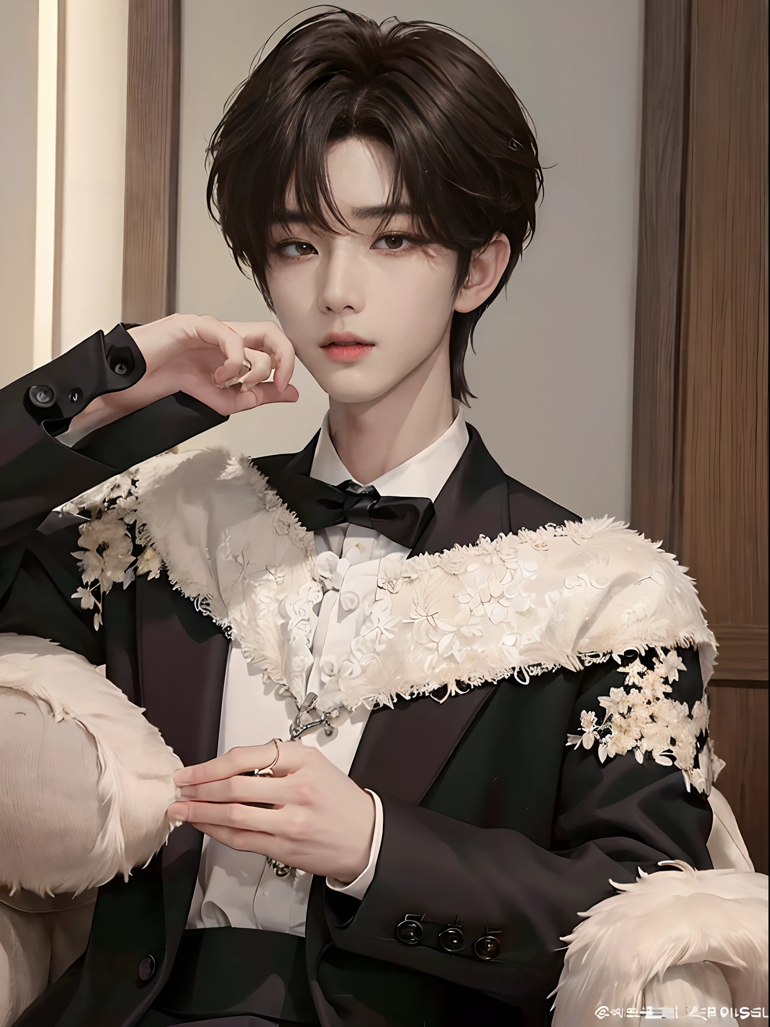 ((4K works))、​masterpiece、（top-quality)、((high-level image quality))、((One Manly Boy))、Slim body、((Man in black tuxedo))、(Detailed beautiful eyes)、((Model Magazines))、deacon、Face similar to Chaewon in Ruseraphim、((short hair above the ears))、((Smaller face))、((Neutral face))、((Light brown eyes))、((Korean boy))、((18year old))、((Handsome man))、((A charming expression))、((Korean Makeup))、((elongated and sharp eyes))、((Focus zoom out))、((Model Magazine Cover))、((model poses))、((Model photo))、((Butler Photos))、((Butler Photos))、Professional Photos、((Magazine covers))、((Shot alone))、((Upper body photography))