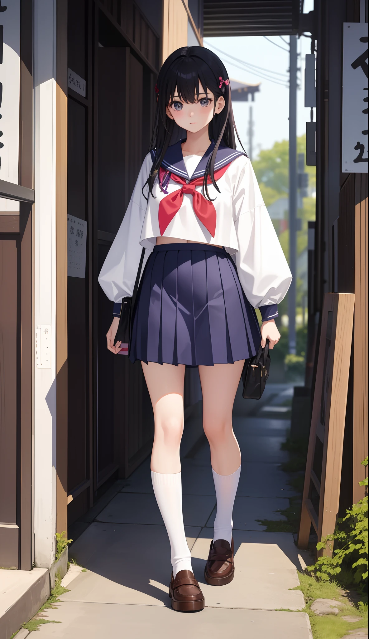 1girl in、AS-Adult、a smile、The shirt、skirt by the、(small tits)Japan High School、校服、serafuku、Walking with a thigh、Upper body portrait、