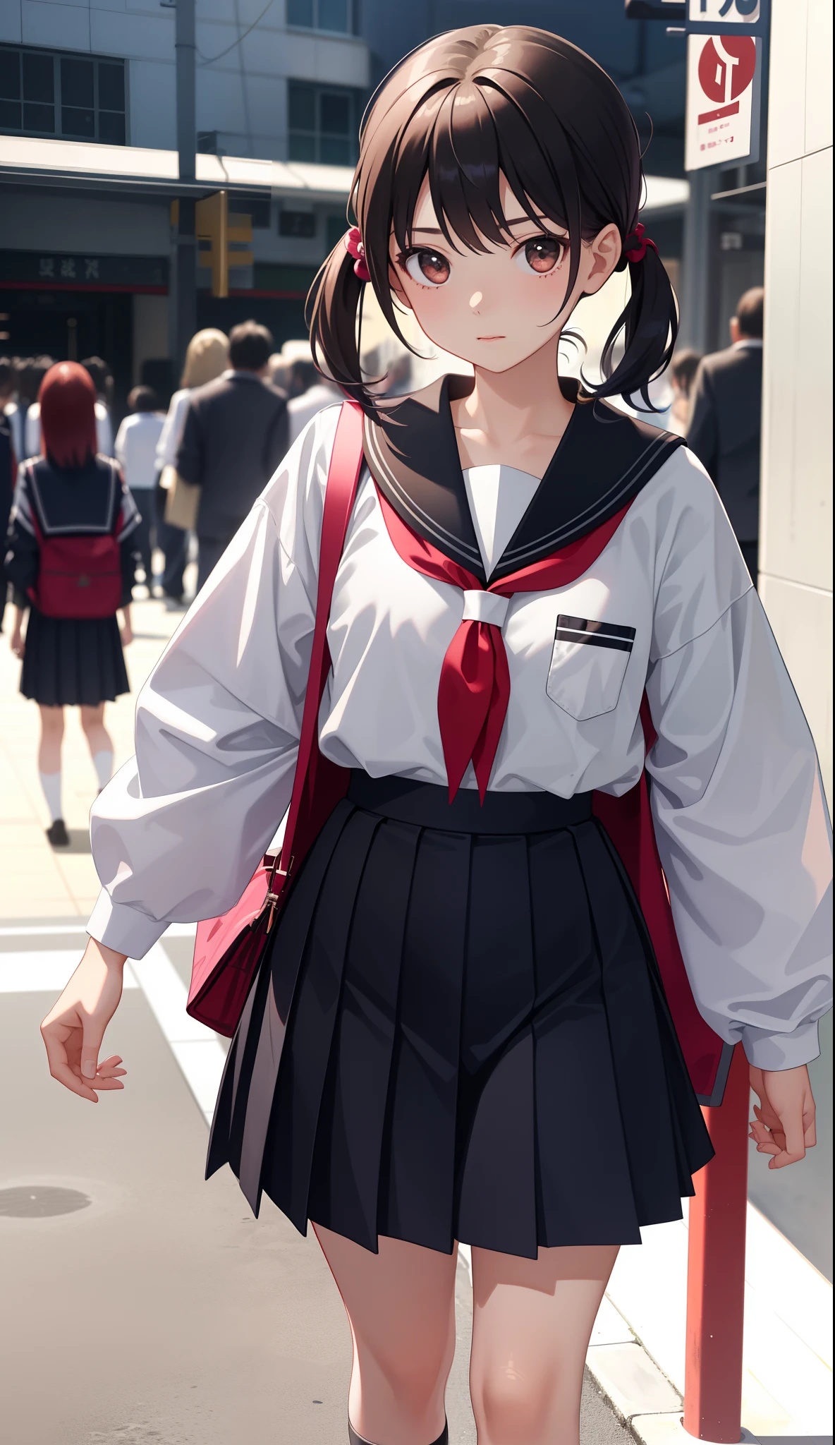 1girl in、AS-Adult、The shirt、skirt by the、(small tits)Japan High School、校服、serafuku、Walking with a thigh、Upper body portrait、